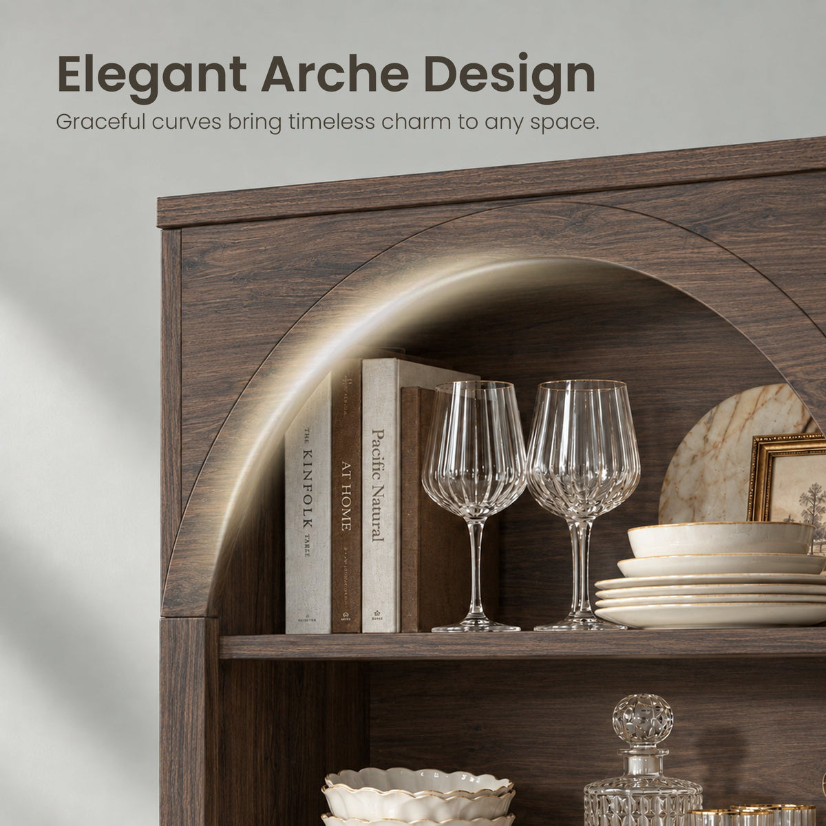 Arched Tempered Glass Door Storage Cabinet, 3-Tier Open Shelf Bookcase Display Cabinet