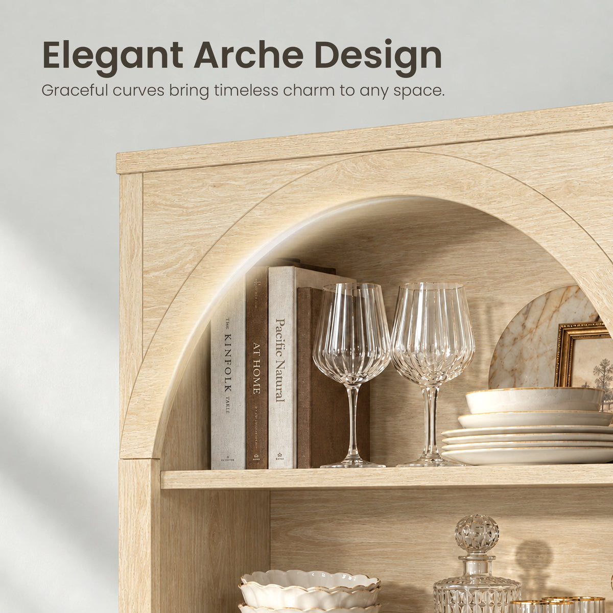 Arched Tempered Glass Door Storage Cabinet, 3-Tier Open Shelf Bookcase Display Cabinet