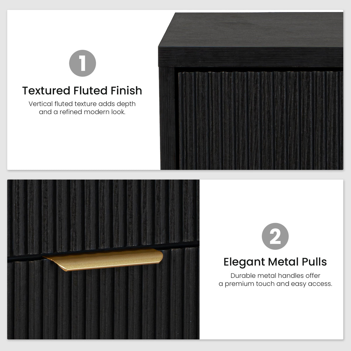 Fluted 3 Drawer Nightstand, Modern Wooden Storage Cabinet with Ribbed Drawer Fronts