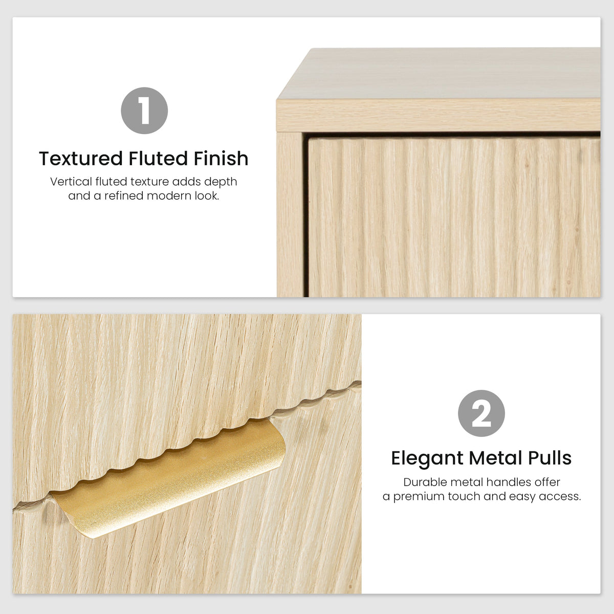 Fluted 3 Drawer Nightstand, Modern Wooden Storage Cabinet with Ribbed Drawer Fronts
