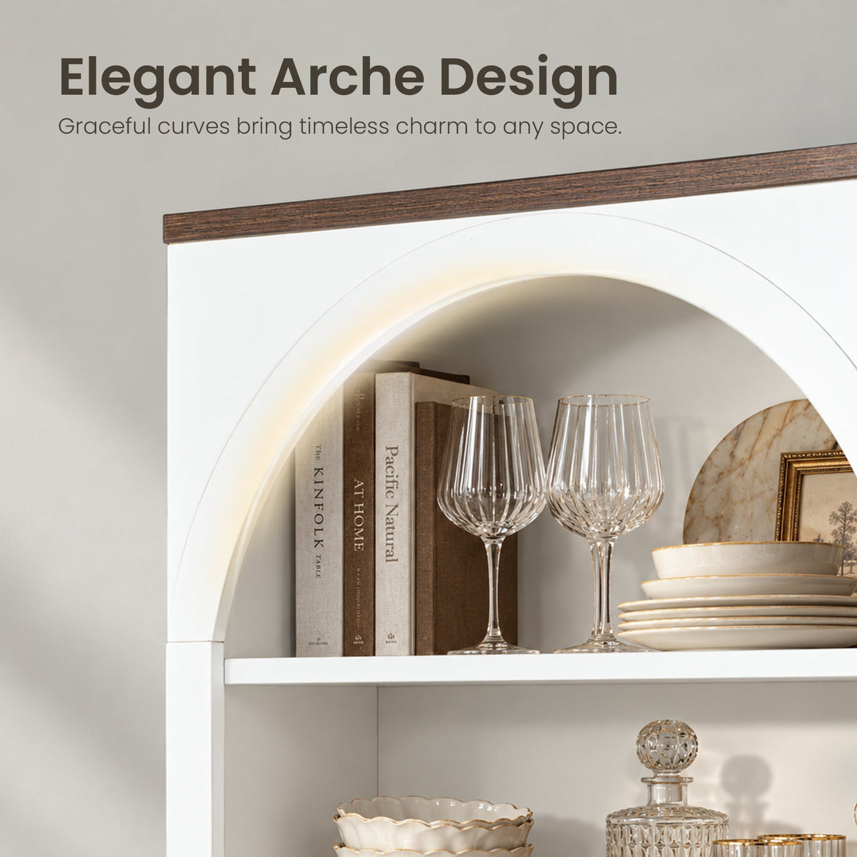 Arched Tempered Glass Door Storage Cabinet, 3-Tier Open Shelf Bookcase Display Cabinet