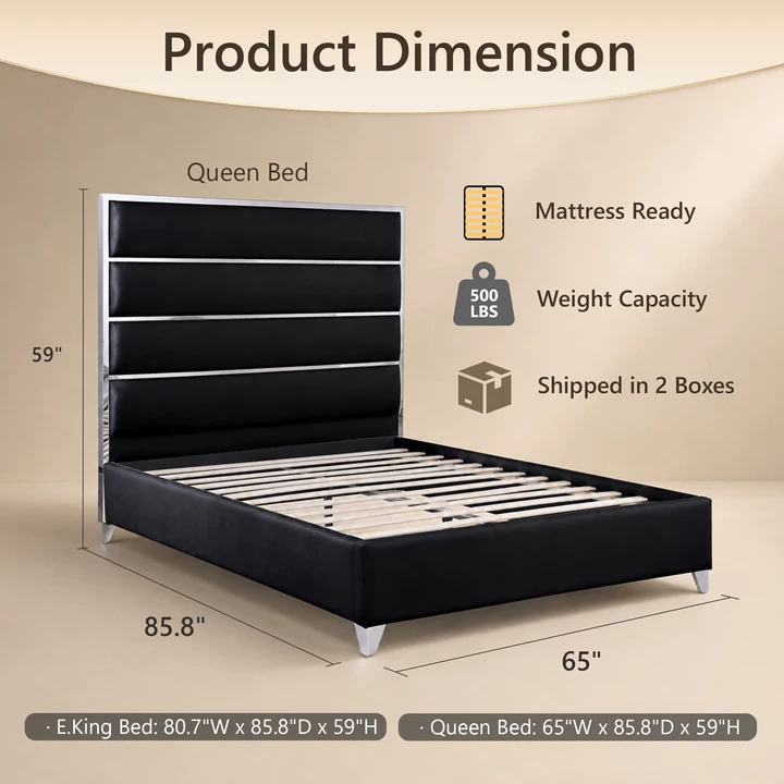 Modern Upholstered Bed with Stainless Steel Accents, Fully Upholstered Platform Bed, Mattress Ready