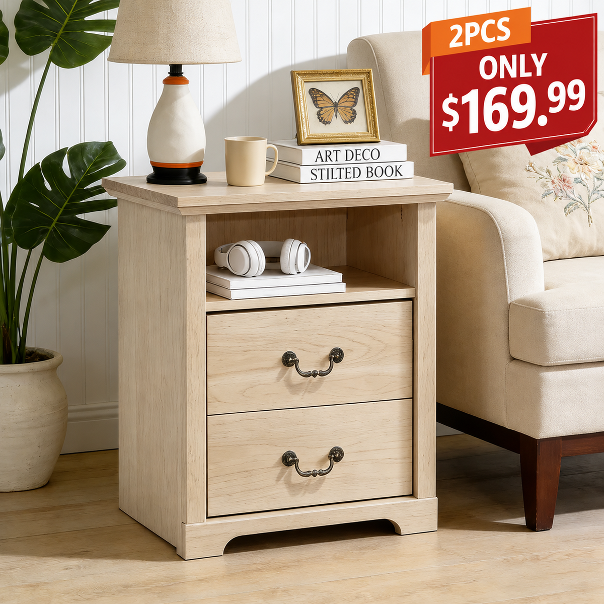 Rustic Open-Shelf Nightstand – Engineered Wood Bedside Table with Storage Cubby