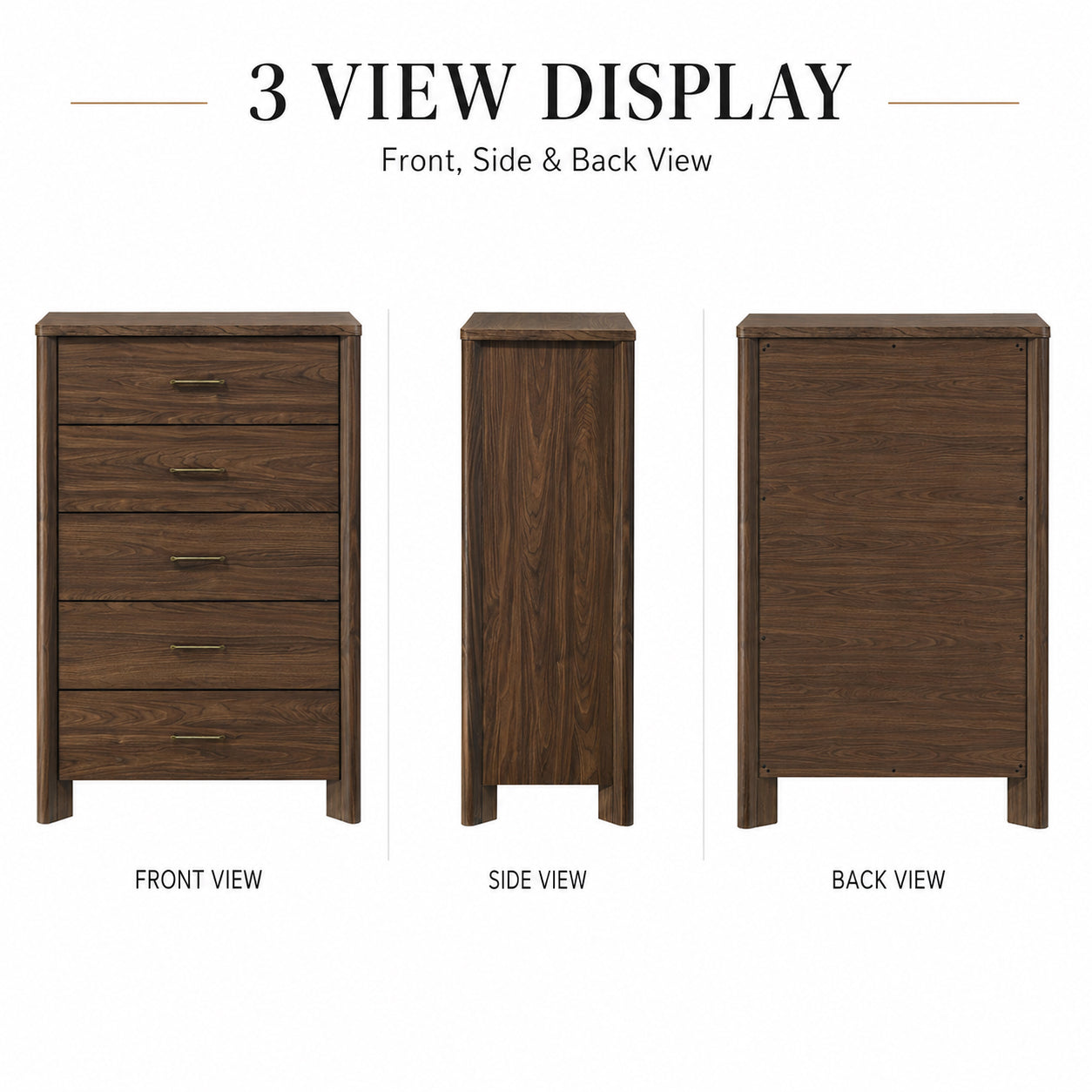 Mid-Century Modern Walnut 5-Drawer Chest with Felt-Lined Top Drawer & Gold Hardware
