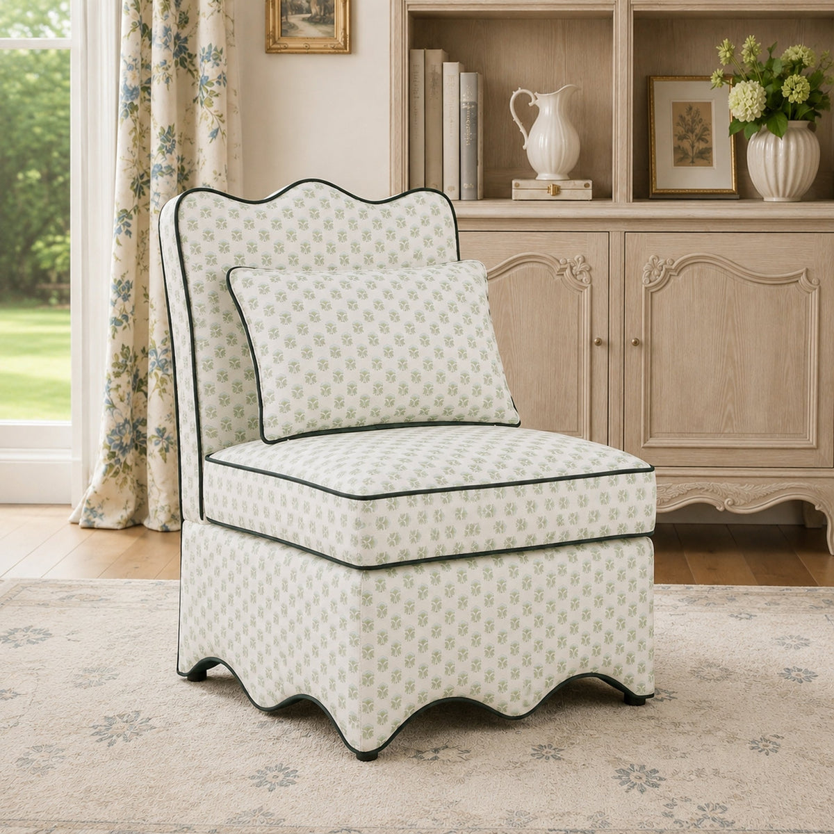 French Farmhouse Accent Chair with Scalloped Back & Upholstered Seat