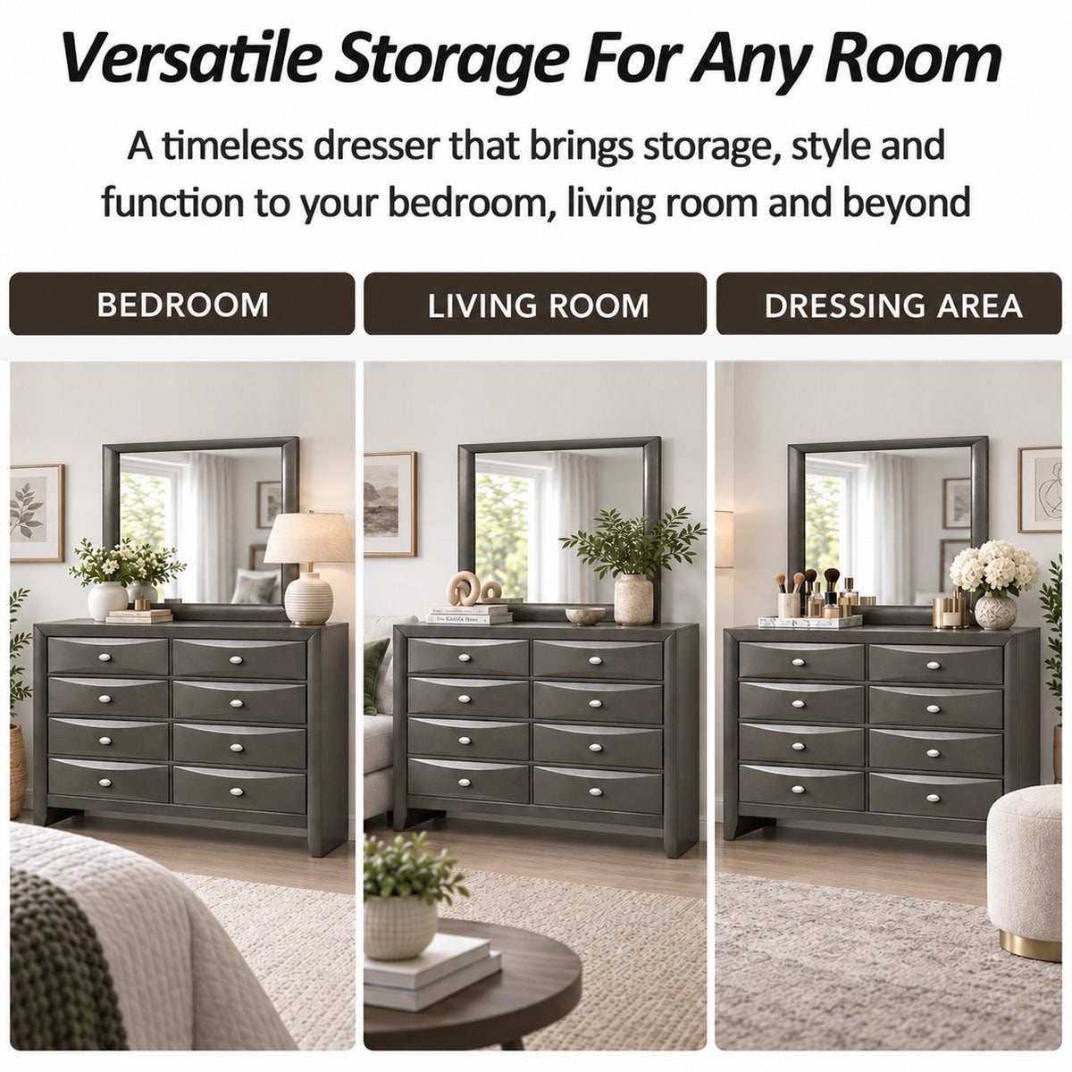 Transitional 8-Drawer Dresser with Solid Wood Construction – Optional Mirror