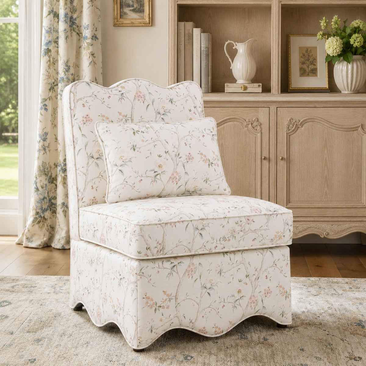 French Farmhouse Accent Chair with Scalloped Back & Upholstered Seat
