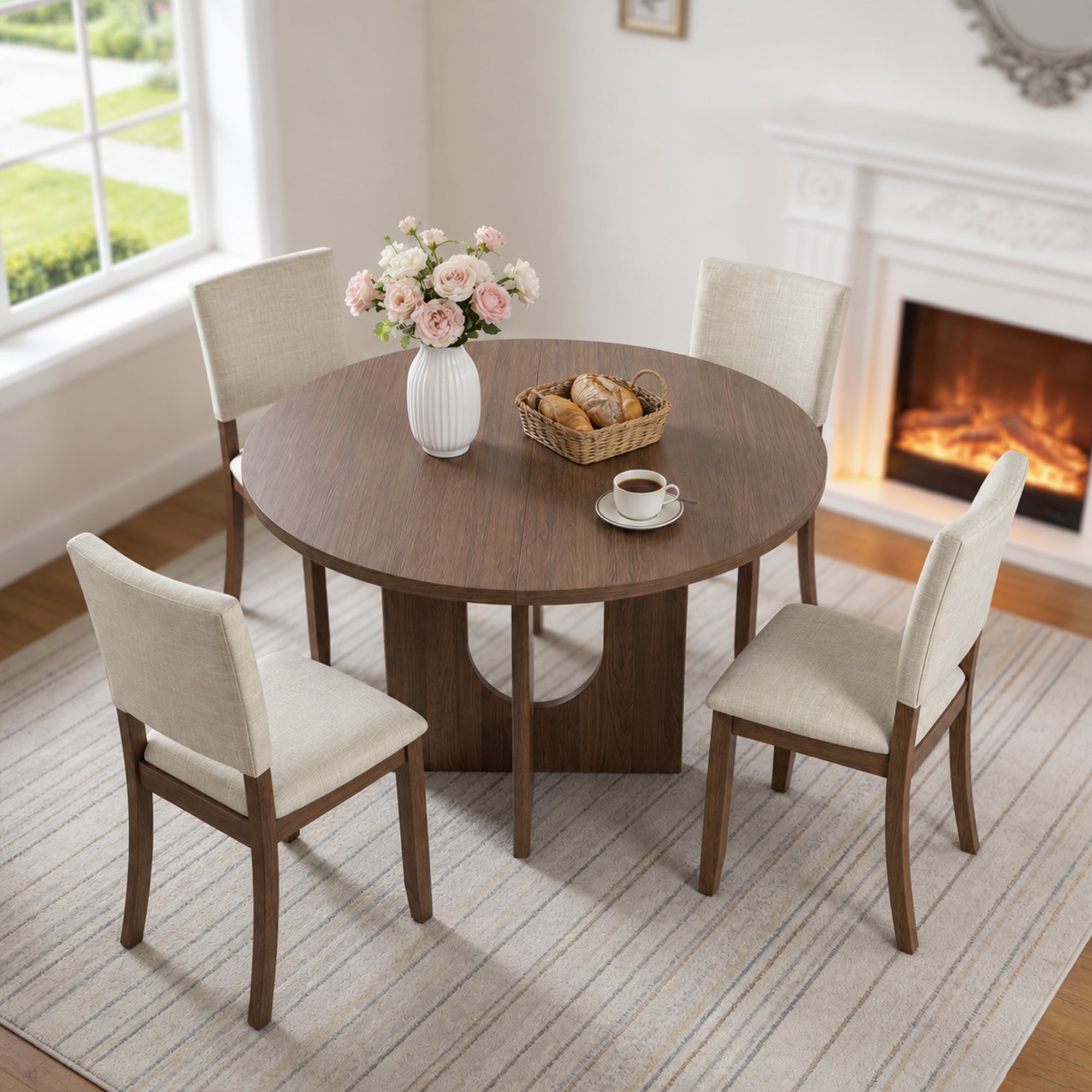 Modern 5-Piece Dining Table Set with 4 Upholstered Chairs – Round Table