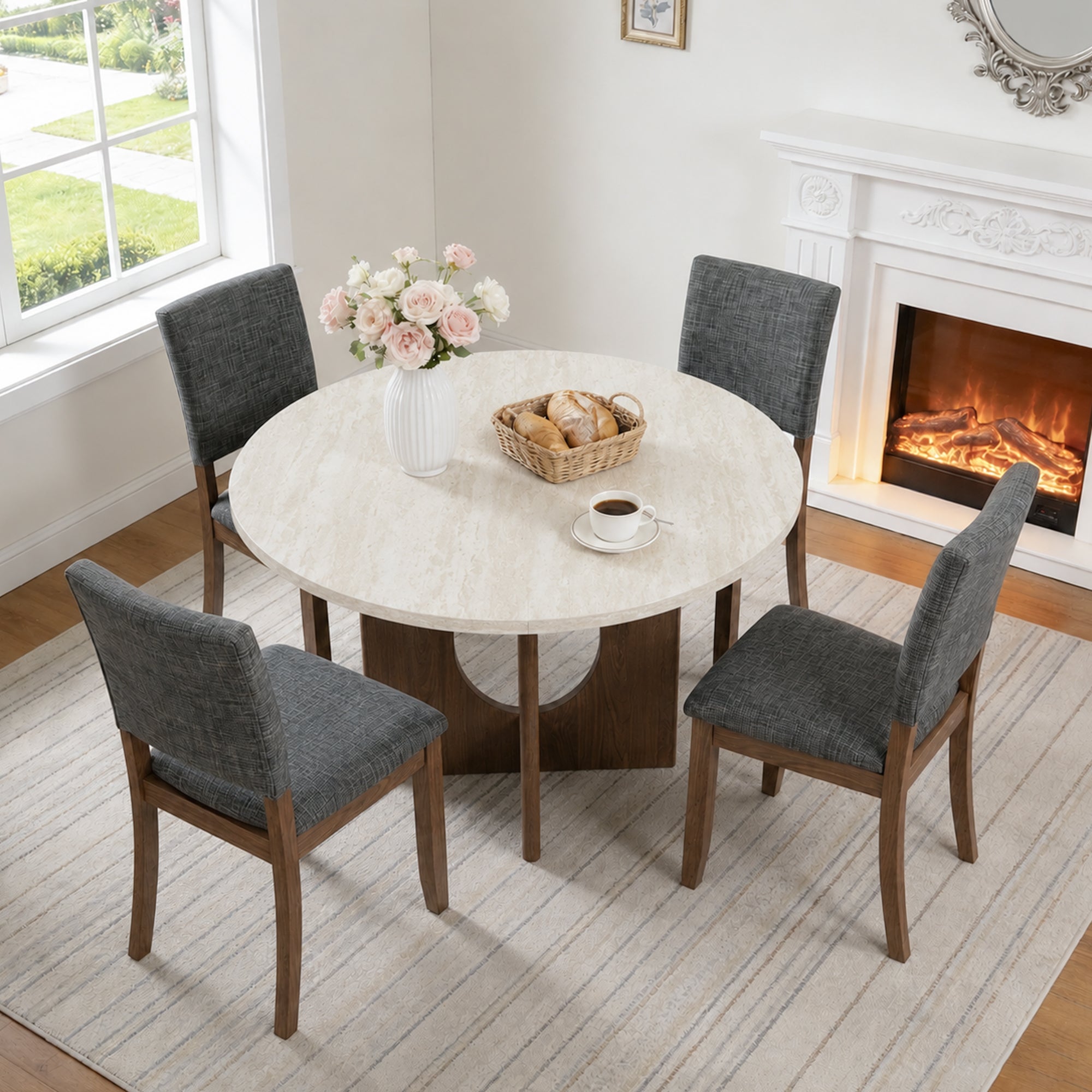Modern 5-Piece Dining Table Set with 4 Upholstered Chairs – Round Table