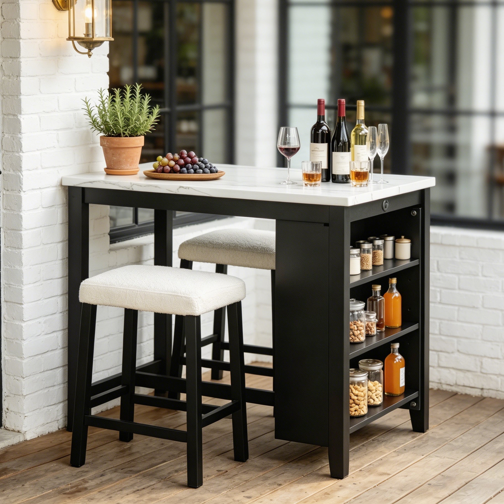 3-Piece Dining Set with USB Charging, Storage Shelves & Boucle Stools, High Gloss Kitchen Table for Small Spaces
