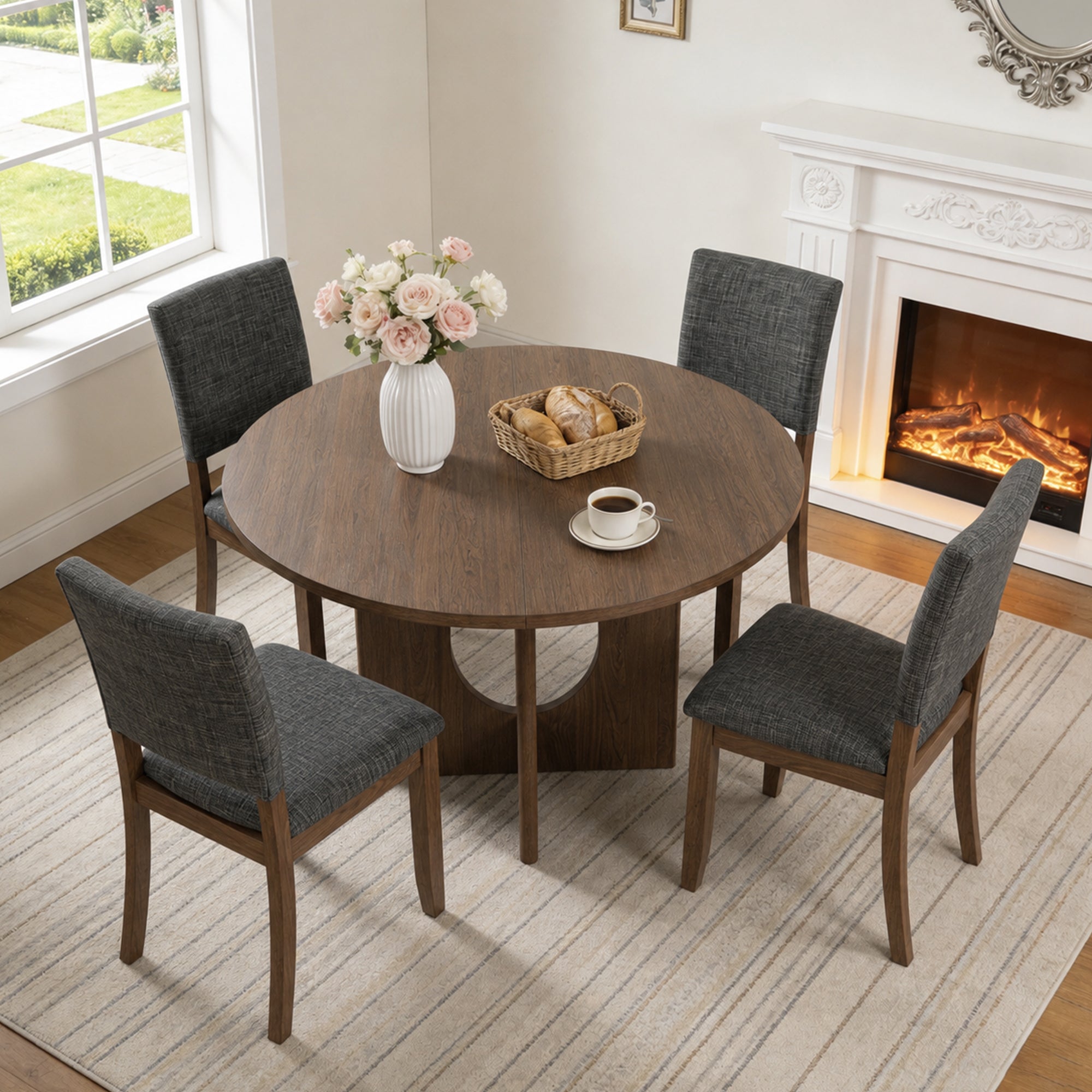 Modern 5-Piece Dining Table Set with 4 Upholstered Chairs – Round Table