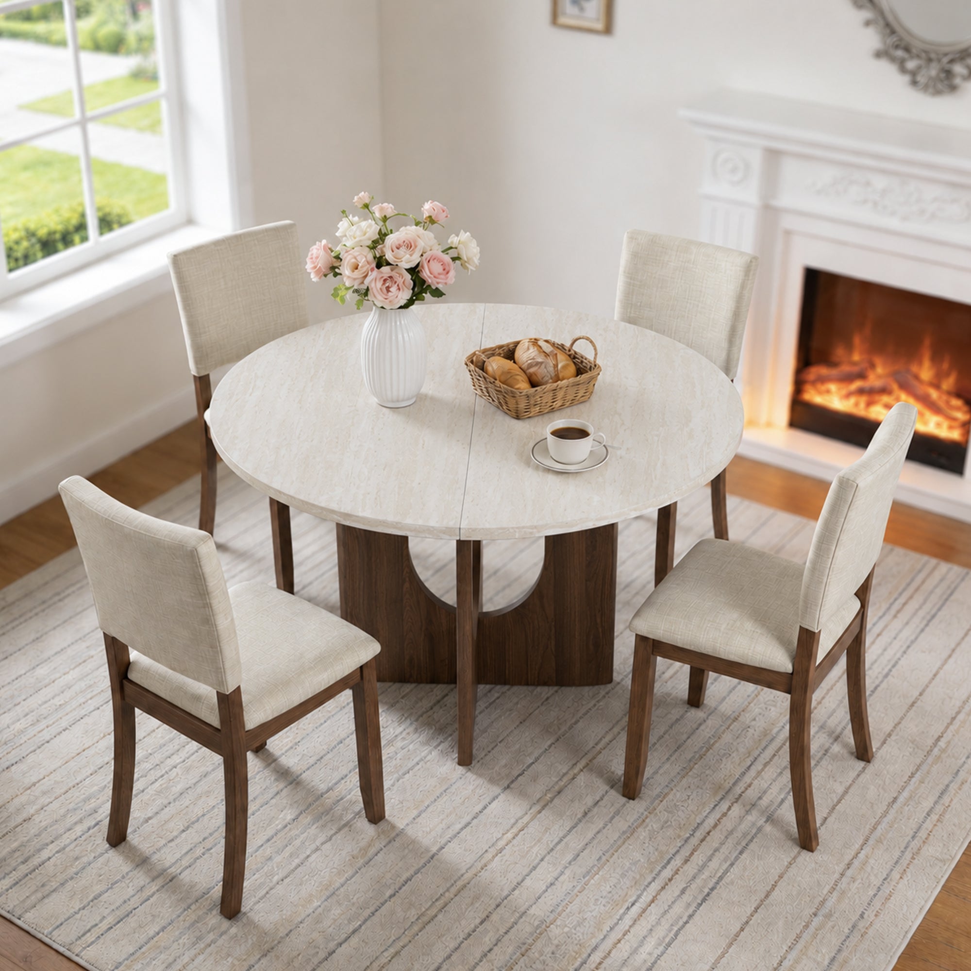 Modern 5-Piece Dining Table Set with 4 Upholstered Chairs – Round Table