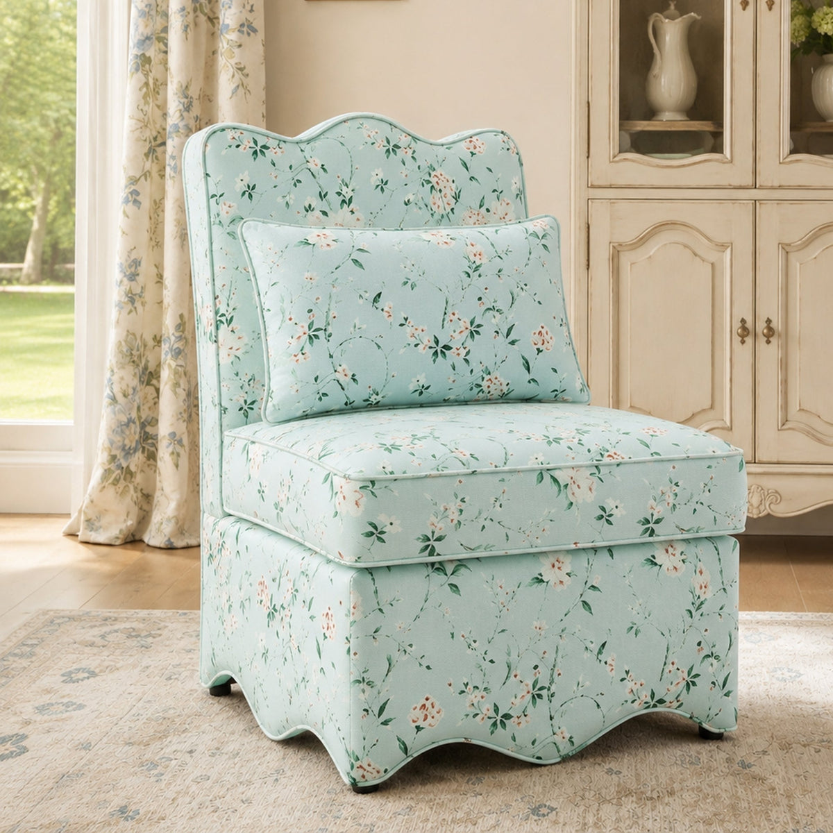 French Farmhouse Accent Chair with Scalloped Back & Upholstered Seat
