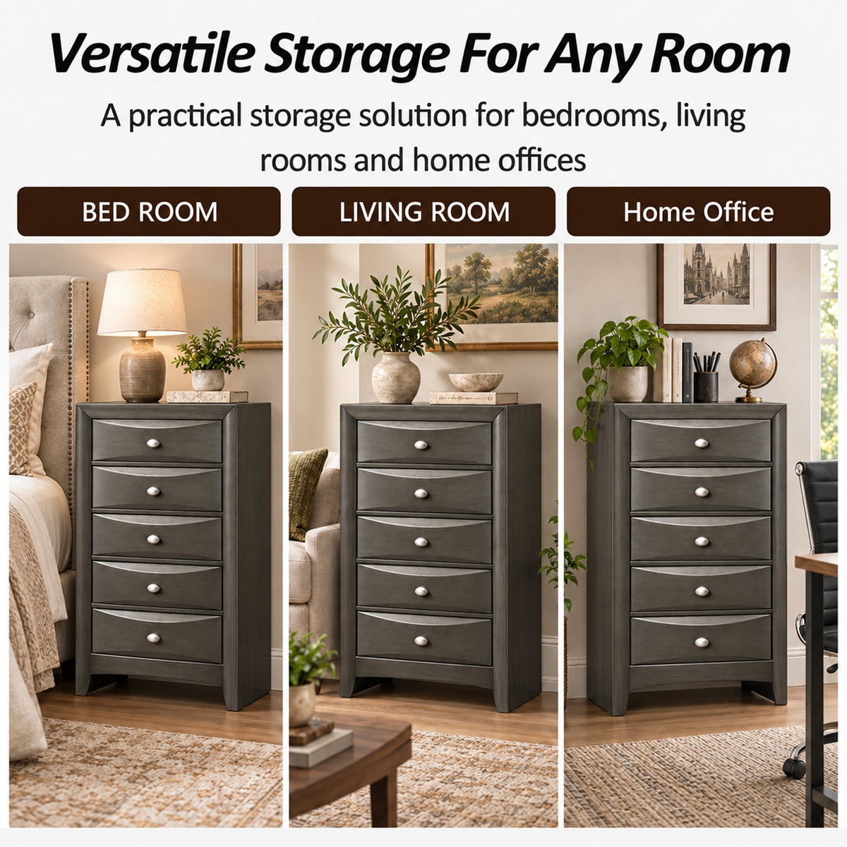 Transitional 5-Drawer Chest with Solid Wood Construction – No Assembly Required