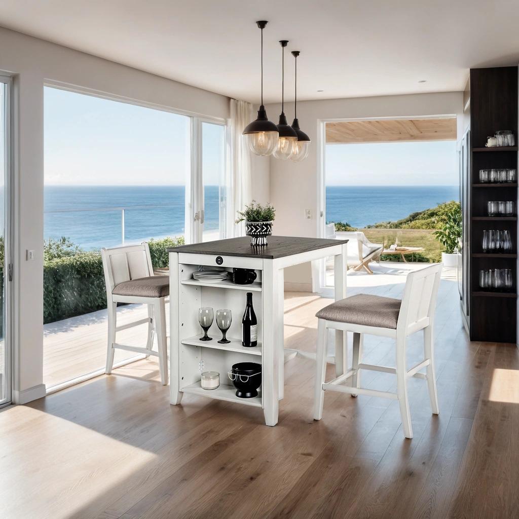 Transitional 3-pieces Solid Wood Dining Set of Counter Height White Dining Table with 2 Matching Chairs Set