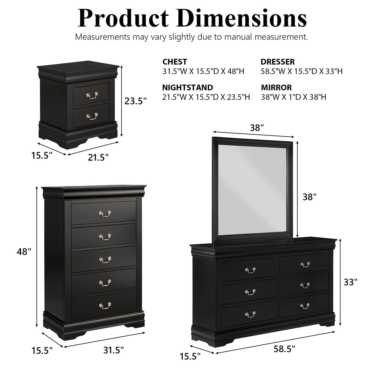 3-Piece Transitional Bedroom Storage Set with Nightstand, Chest & Dresser (Mirror Optional)