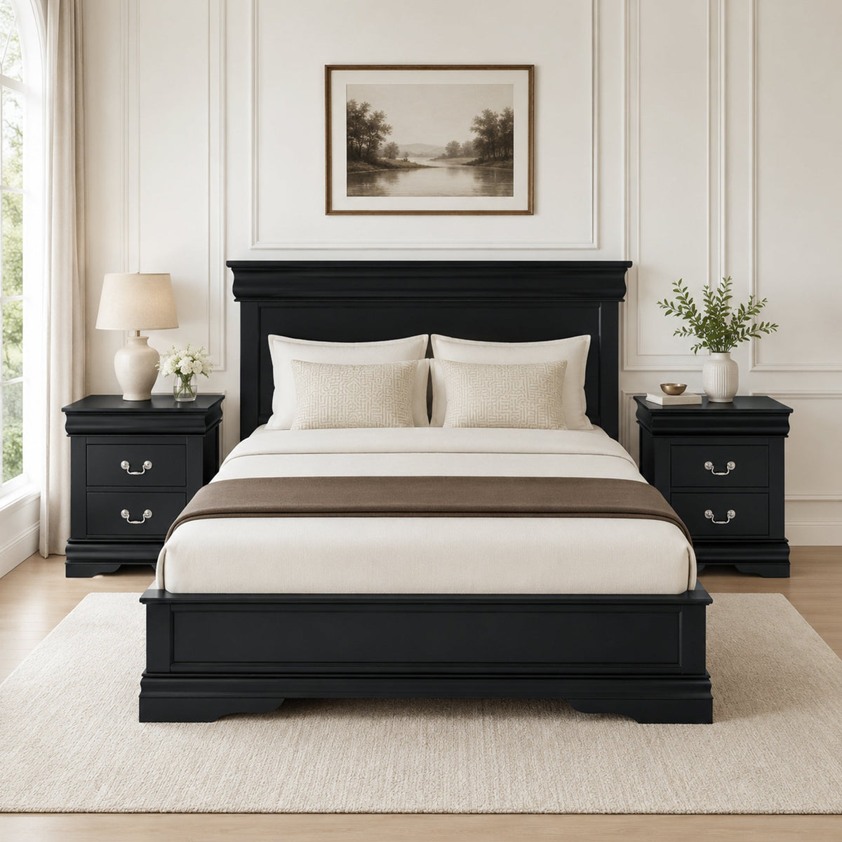 3-Piece Transitional Sleigh Bedroom Set with Solid Wood Bed & 2 Nightstands | Timeless Wood Design