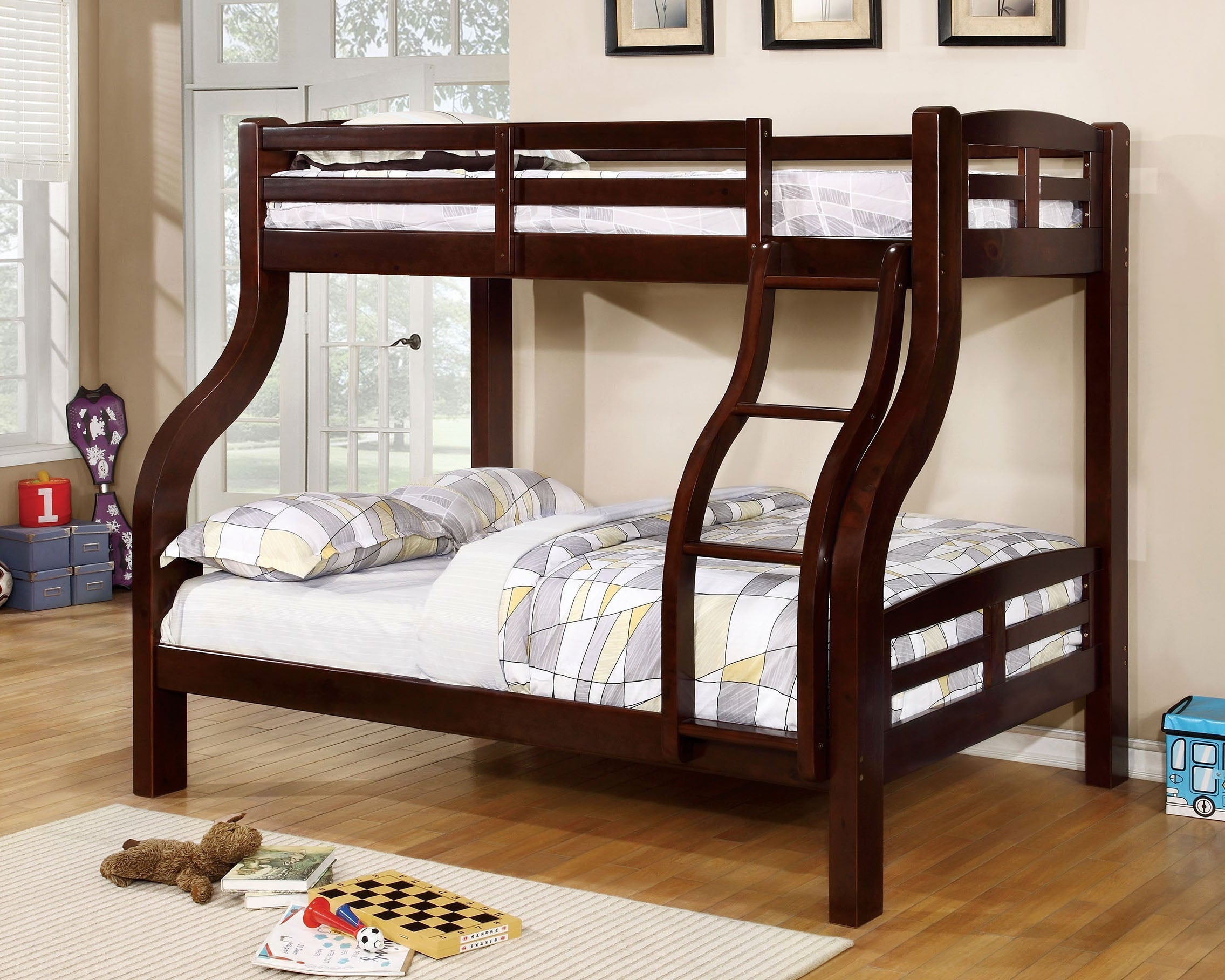 Solpine Charming Wooden Twin/Full Bunk Bed with Curved Frame & Attached Ladder