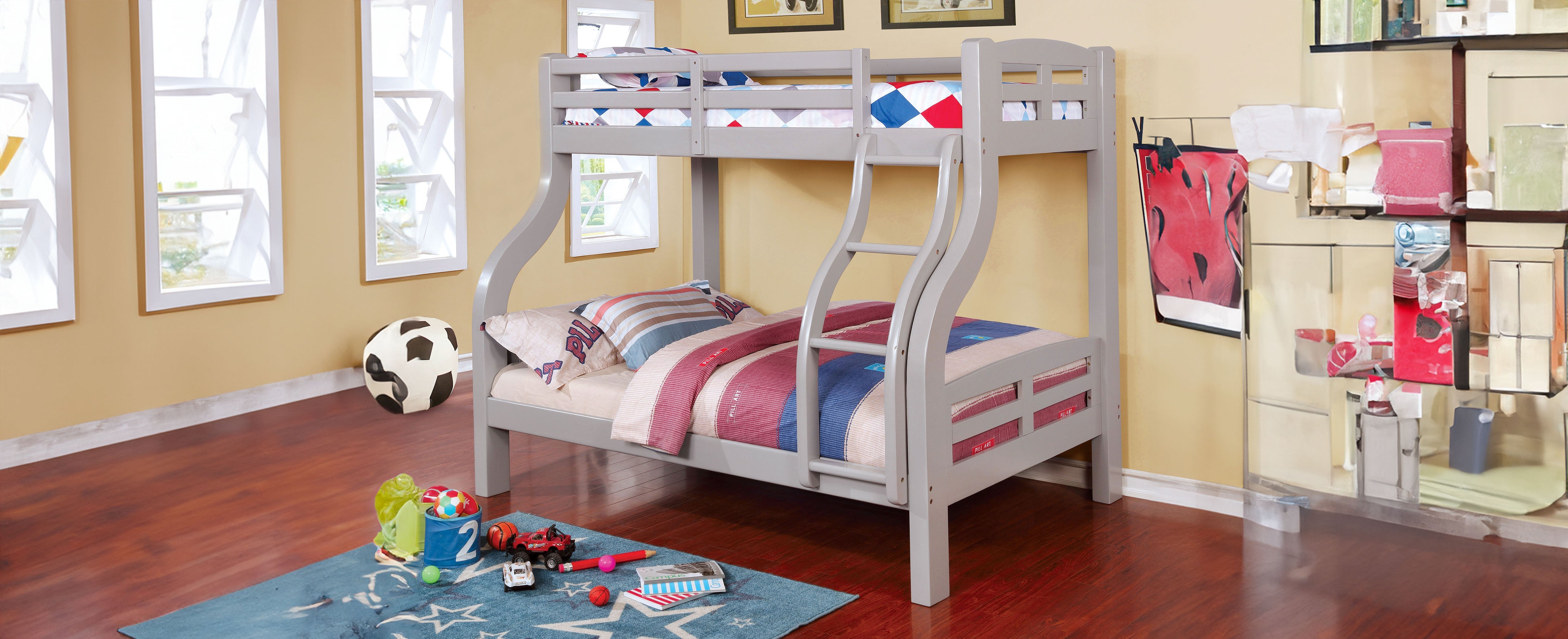 Solpine Charming Wooden Twin/Full Bunk Bed with Curved Frame & Attached Ladder