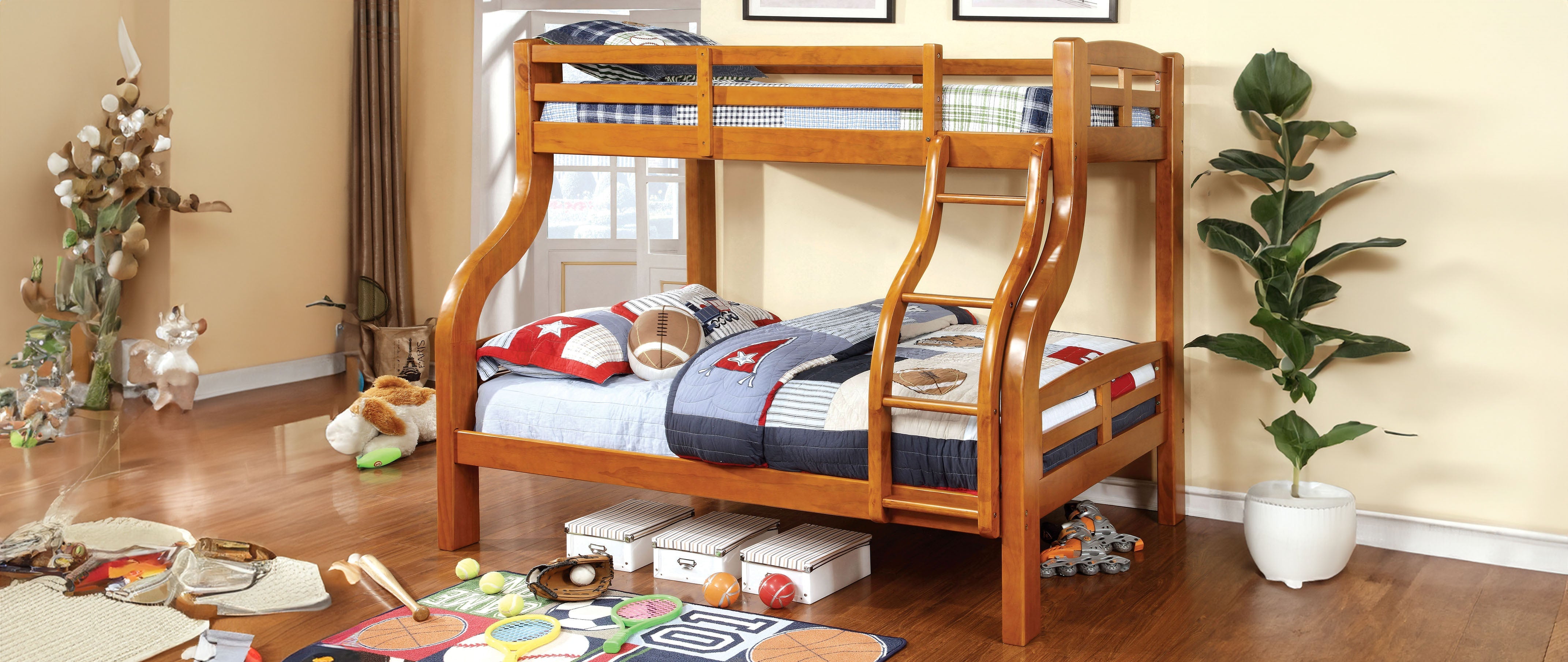Solpine Charming Wooden Twin/Full Bunk Bed with Curved Frame & Attached Ladder