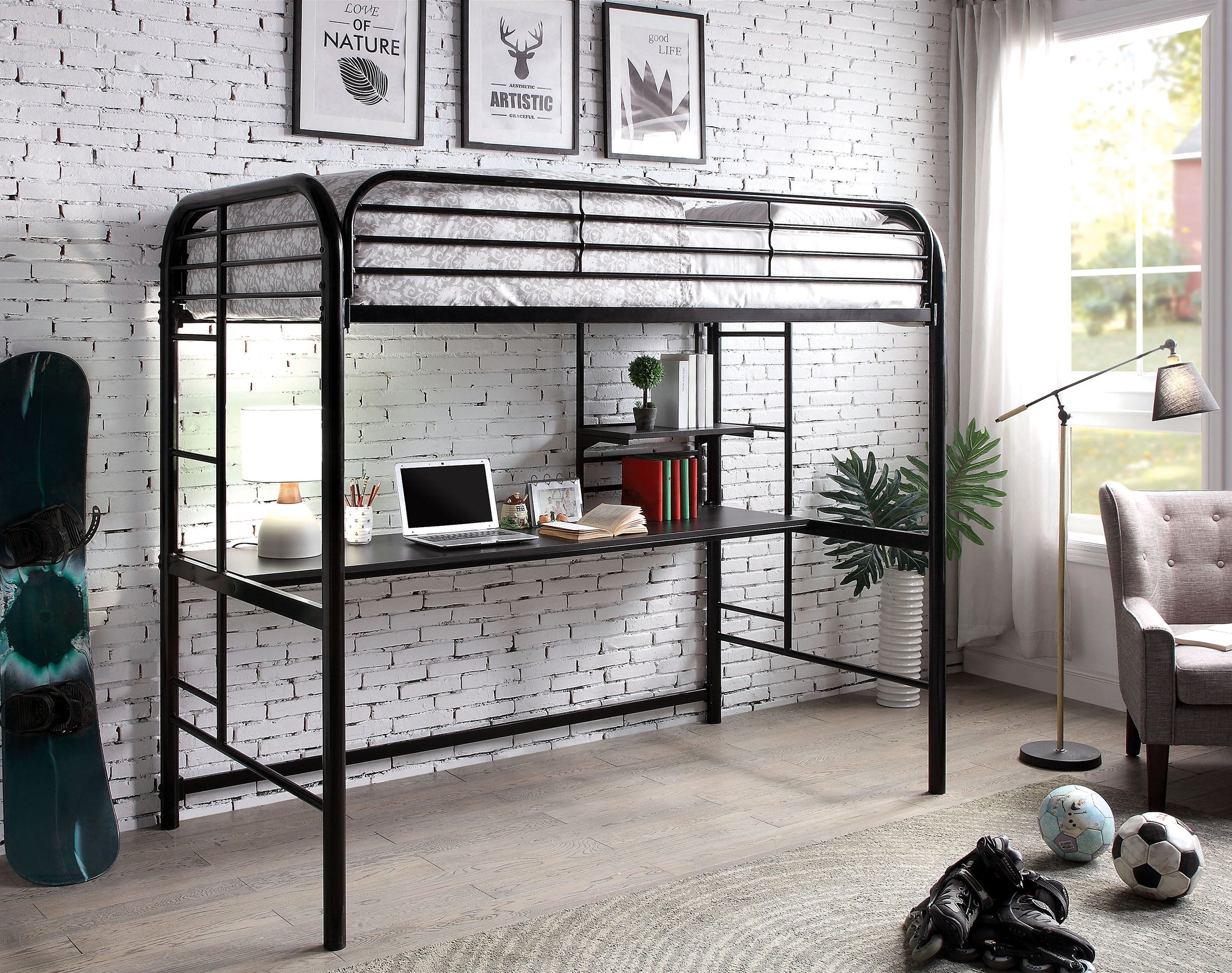 Opal Modern Loft Twin Metal Bunk Bed with Integrated Desk and Shelves