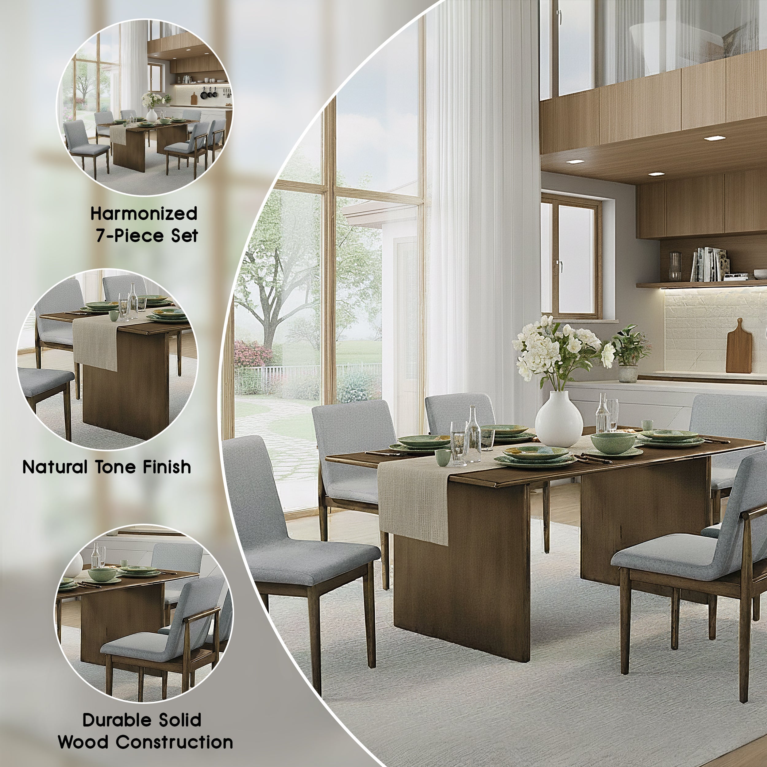 Kensford Mid-Century Modern Dining Set, 7 Pieces