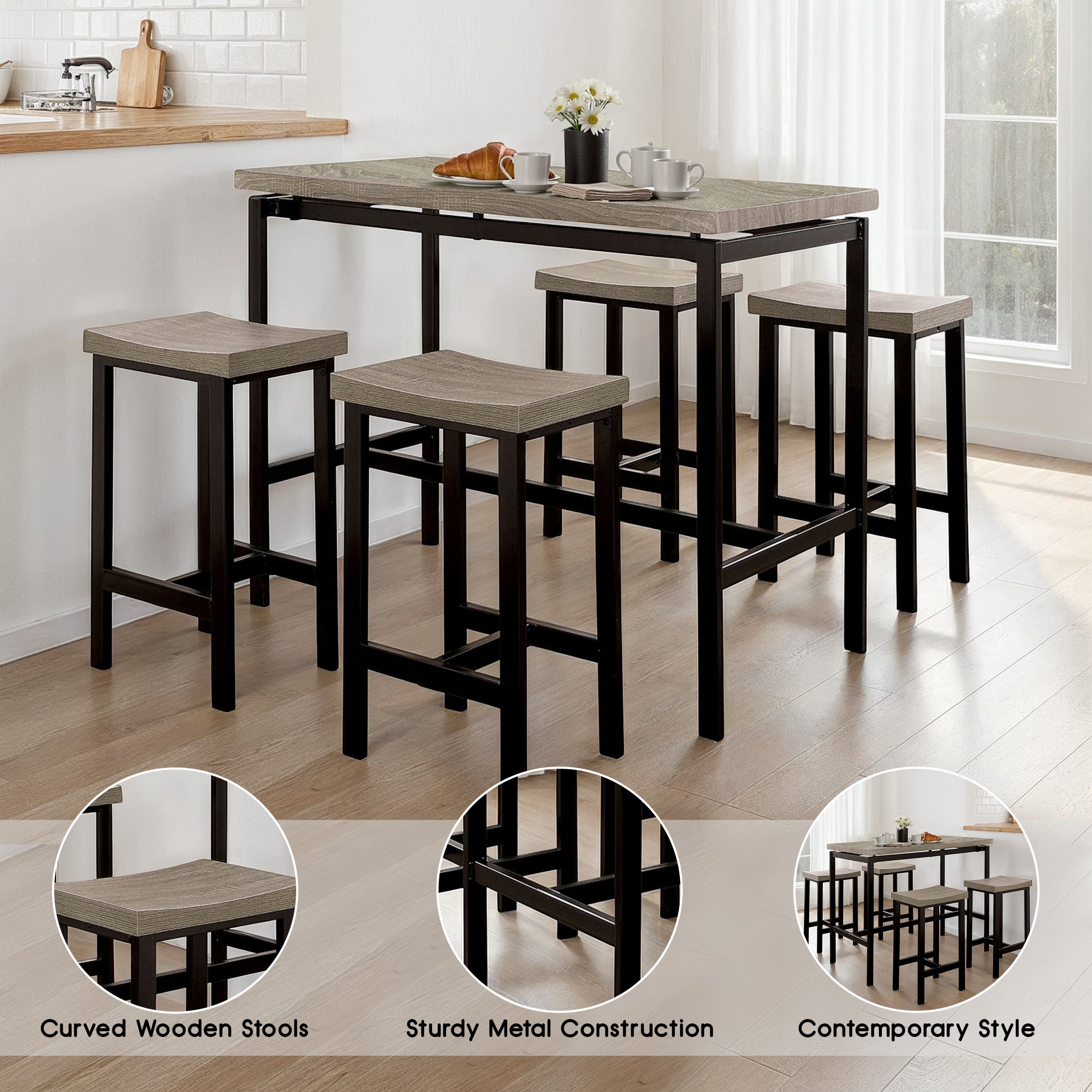 Roermond Contemporary Dining Set, 5 Pieces