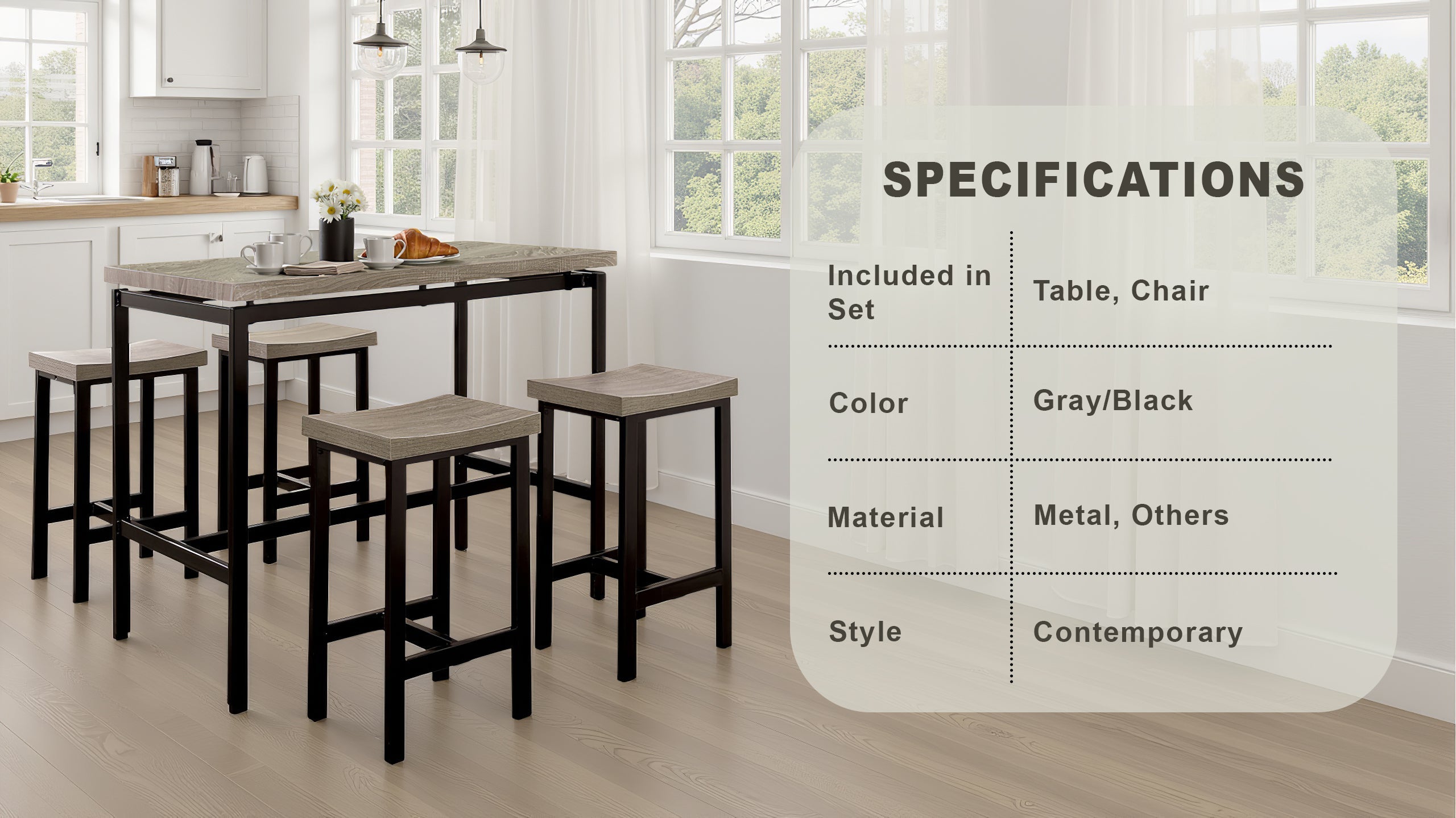 Roermond Contemporary Dining Set, 5 Pieces