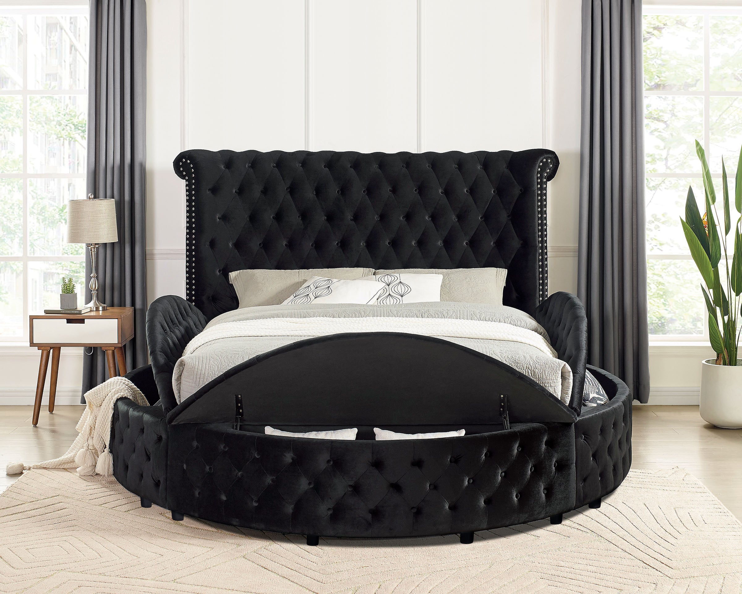 Velvora Platform Bed Frame with Storage Compartments, USB Ports & Wingback Tufted Headboard