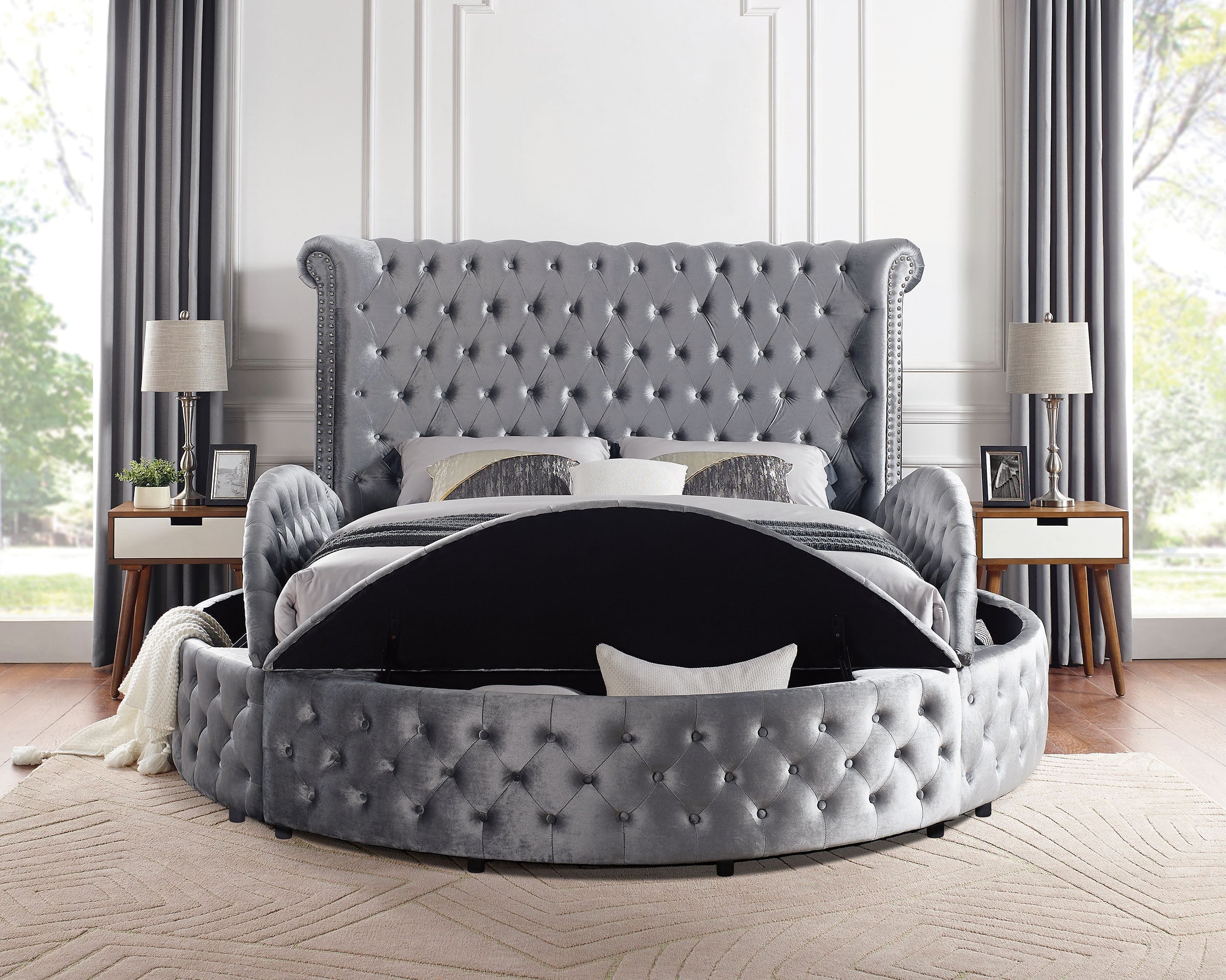 Velvora Platform Bed Frame with Storage Compartments, USB Ports & Wingback Tufted Headboard