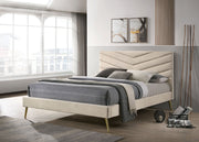 Vivar Beige Mid-Century Modern Chevron Tufted Bed with Gold Legs