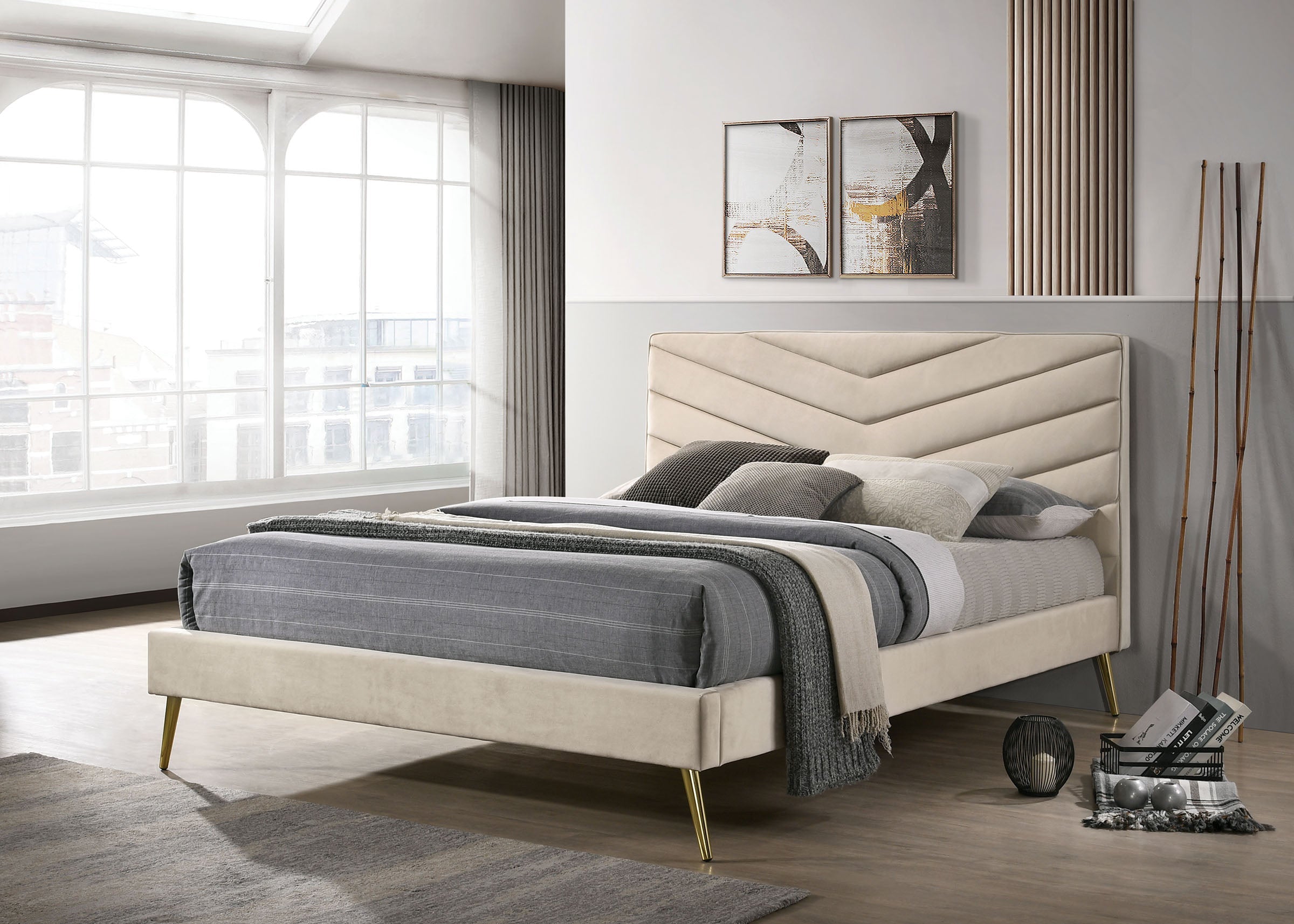 Vivar Beige Mid-Century Modern Chevron Tufted Bed with Gold Legs