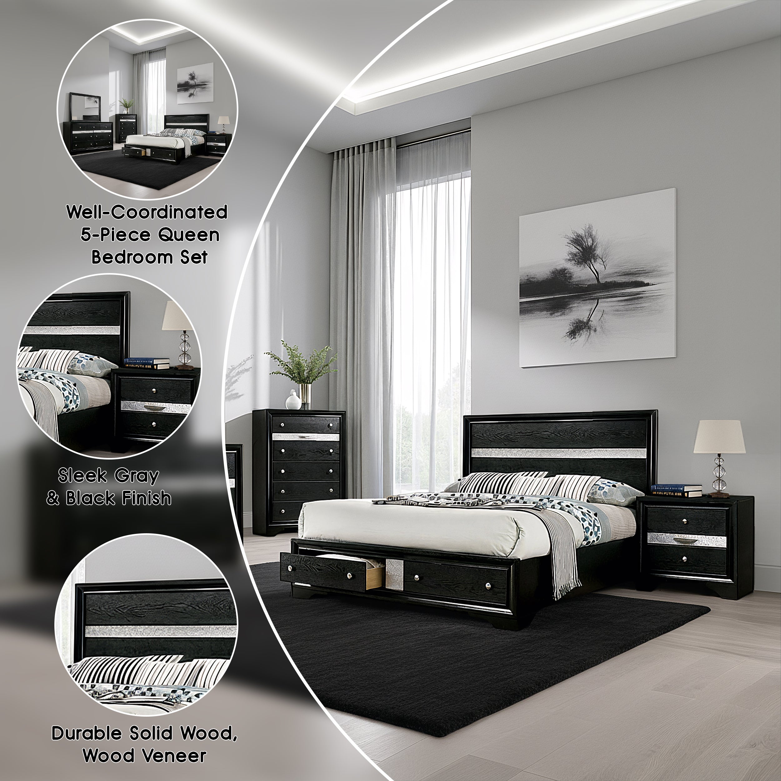 Livia Contemporary Bedroom Set, 5 Pieces
