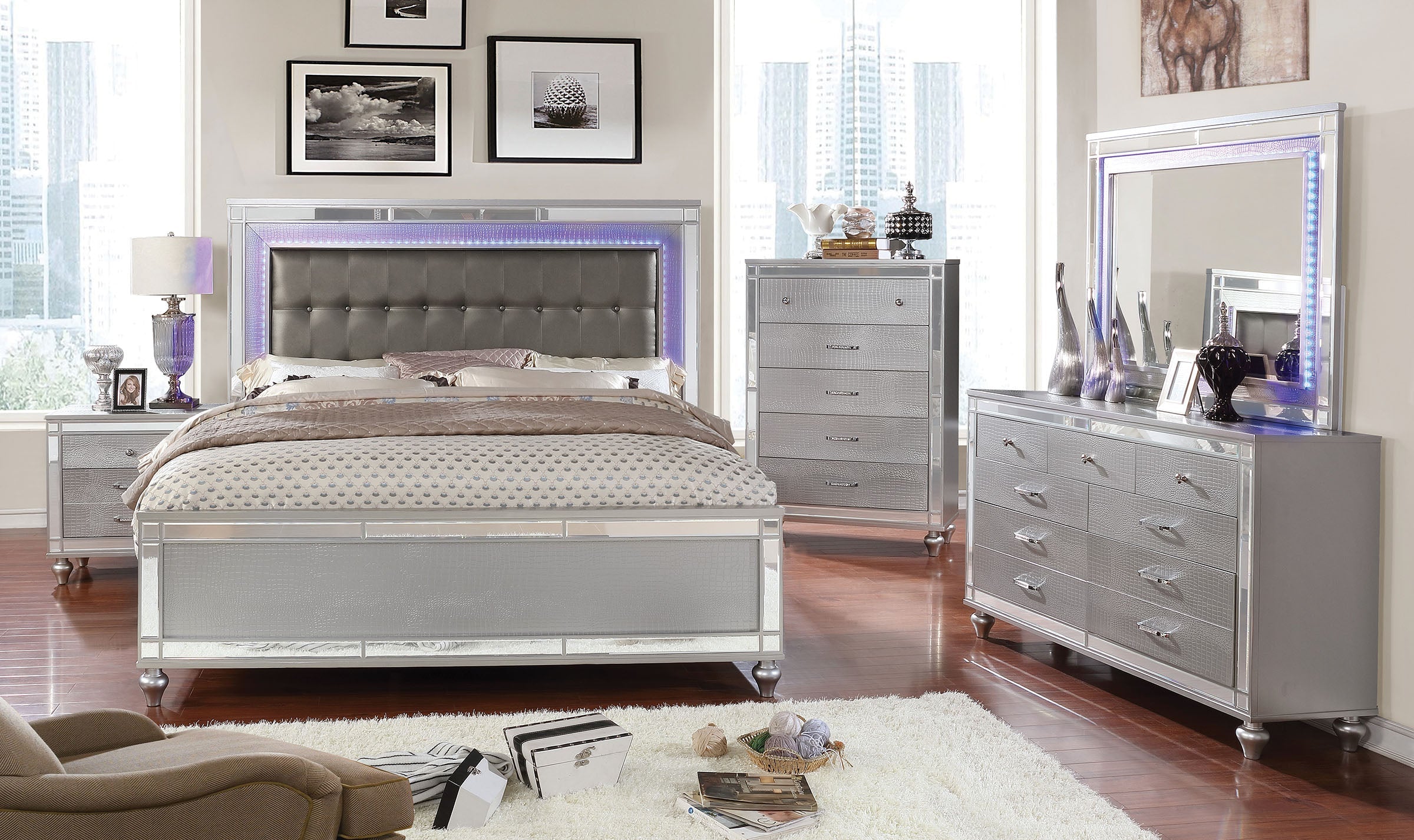 Vienna Luxury Silver Upholstered Platform Bed with LED Backlit Tufted Headboard