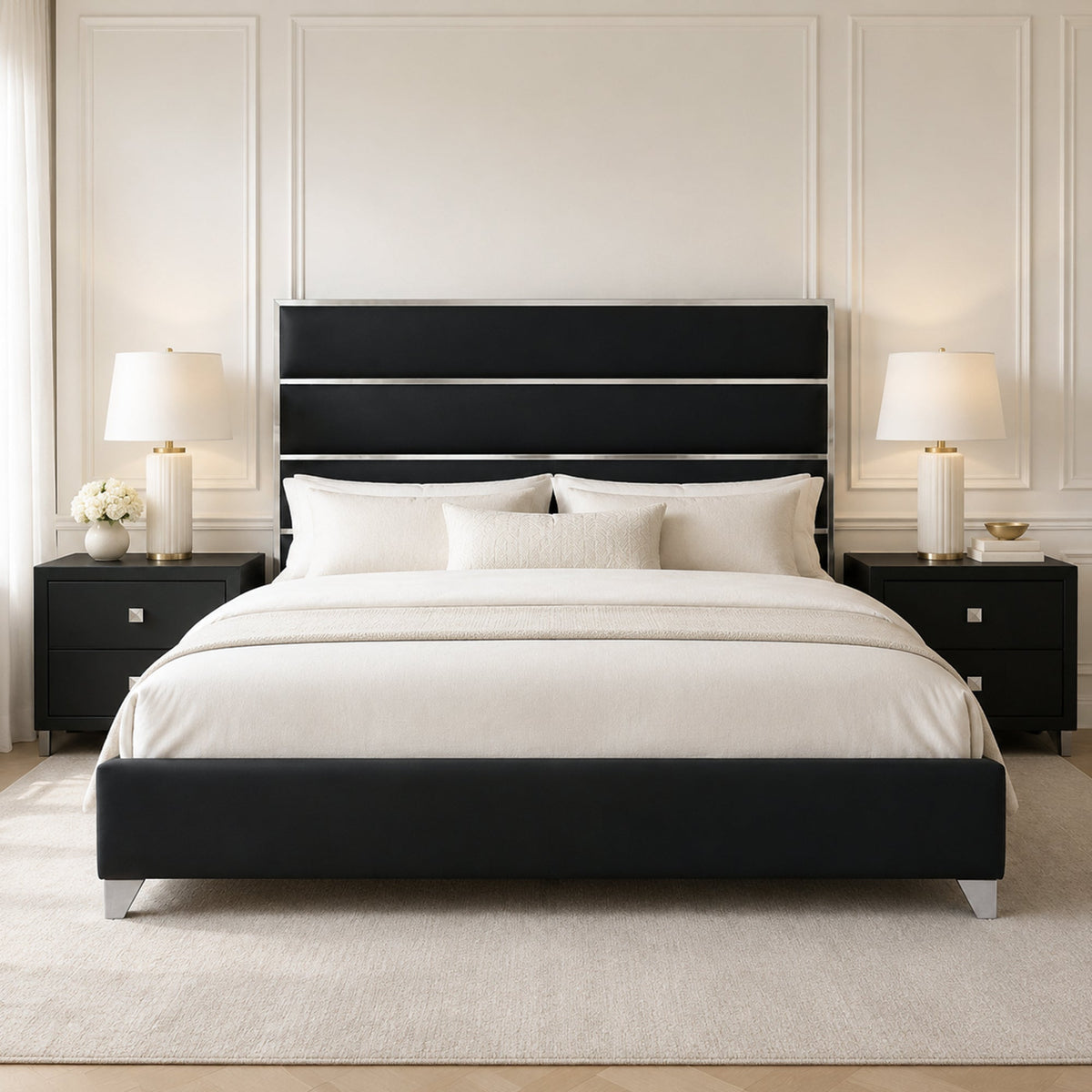 Modern Upholstered Bed with Stainless Steel Accents, Fully Upholstered Platform Bed, Mattress Ready