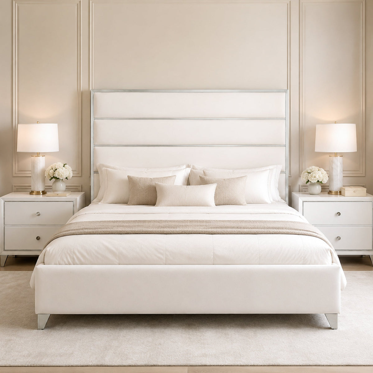 Modern Upholstered Bed with Stainless Steel Accents, Fully Upholstered Platform Bed, Mattress Ready