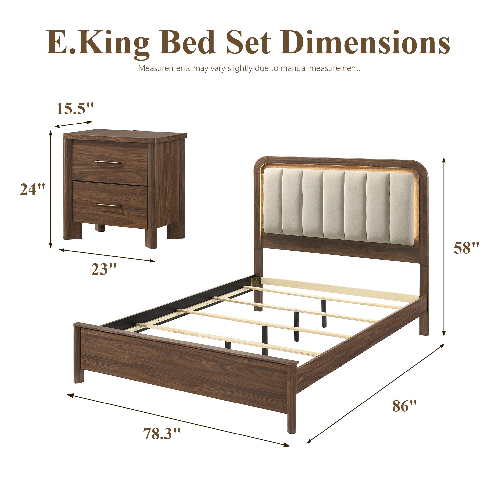 Mid-Century Modern Walnut 3-Piece Bedroom Set with Upholstered LED Platform Bed & 2 USB Charging Nightstands