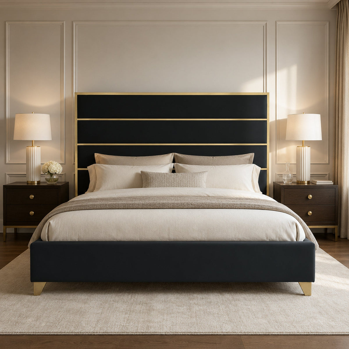 Modern Upholstered Bed with Stainless Steel Accents, Fully Upholstered Platform Bed, Mattress Ready