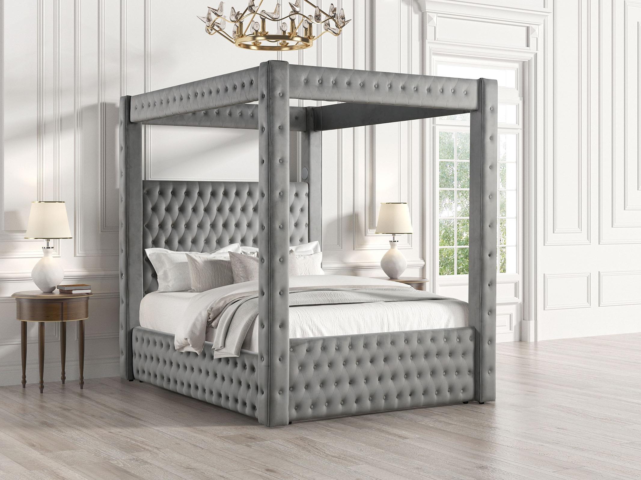 Etherea Luxury Glam Velvet Upholstered Canopy Platform Bed