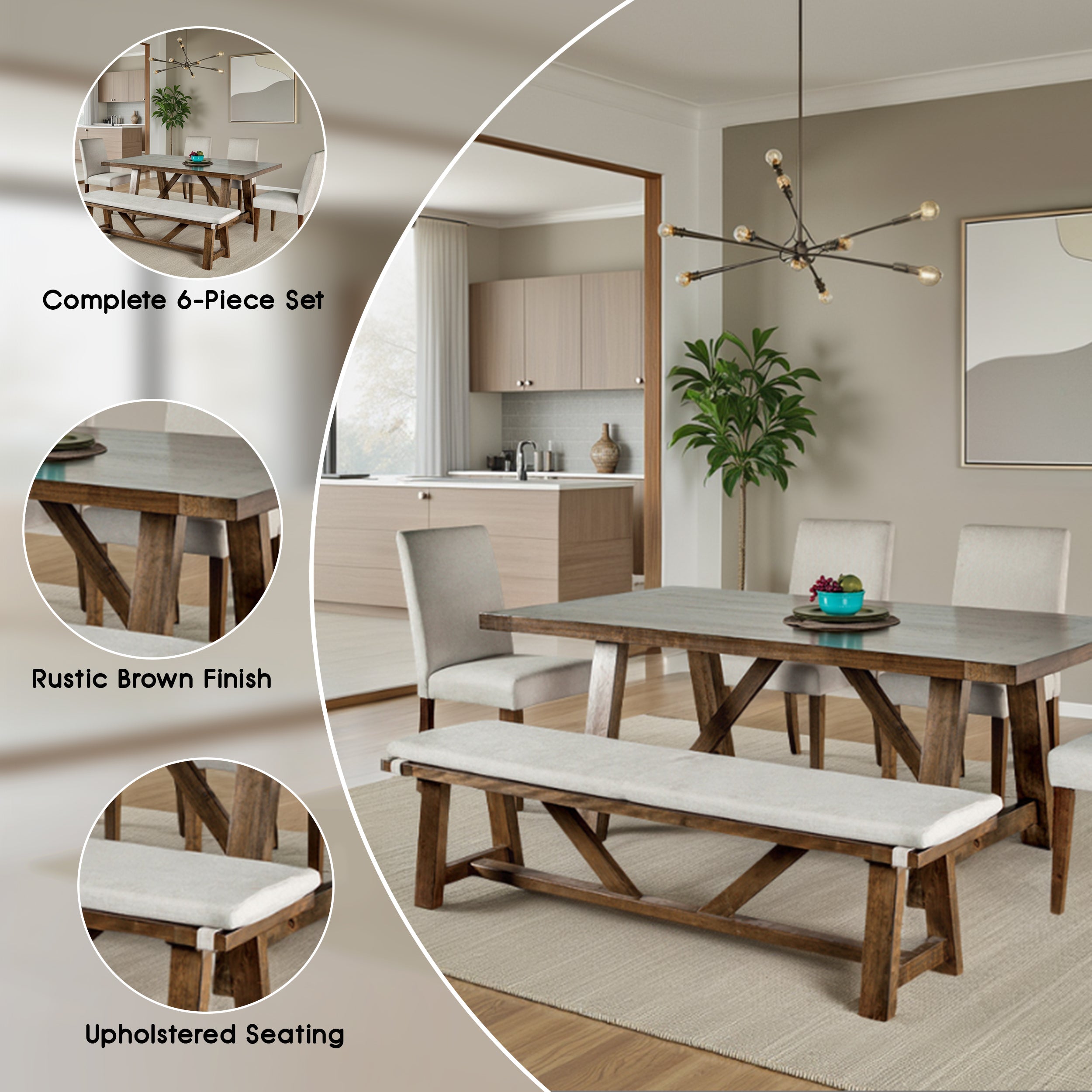 Alvone Rustic Dining Set, 6 Pieces