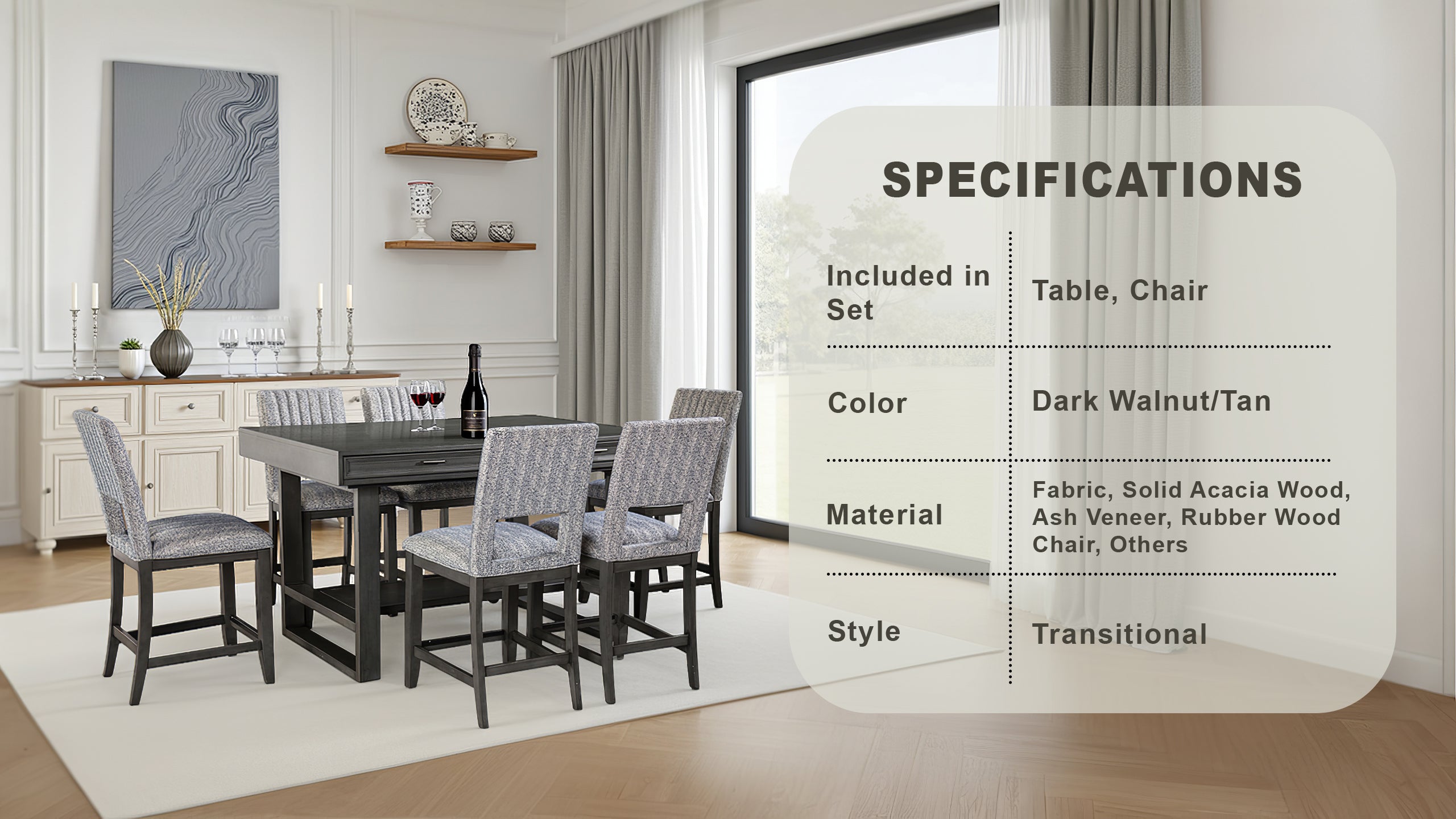 Alverton Transitional Dining Set, 7 Pieces