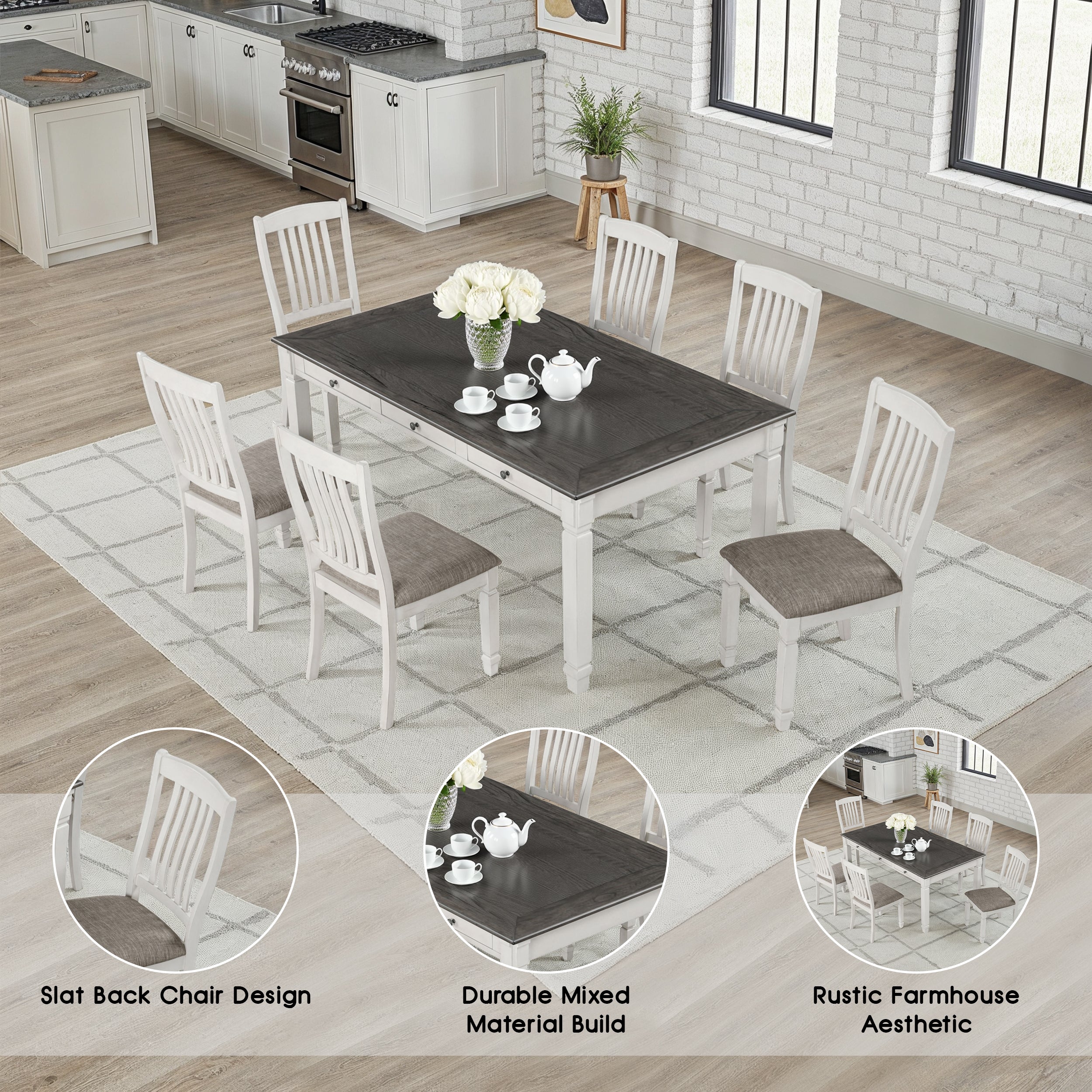 Castora Rustic Farmhouse Dining Set, 7 Pieces