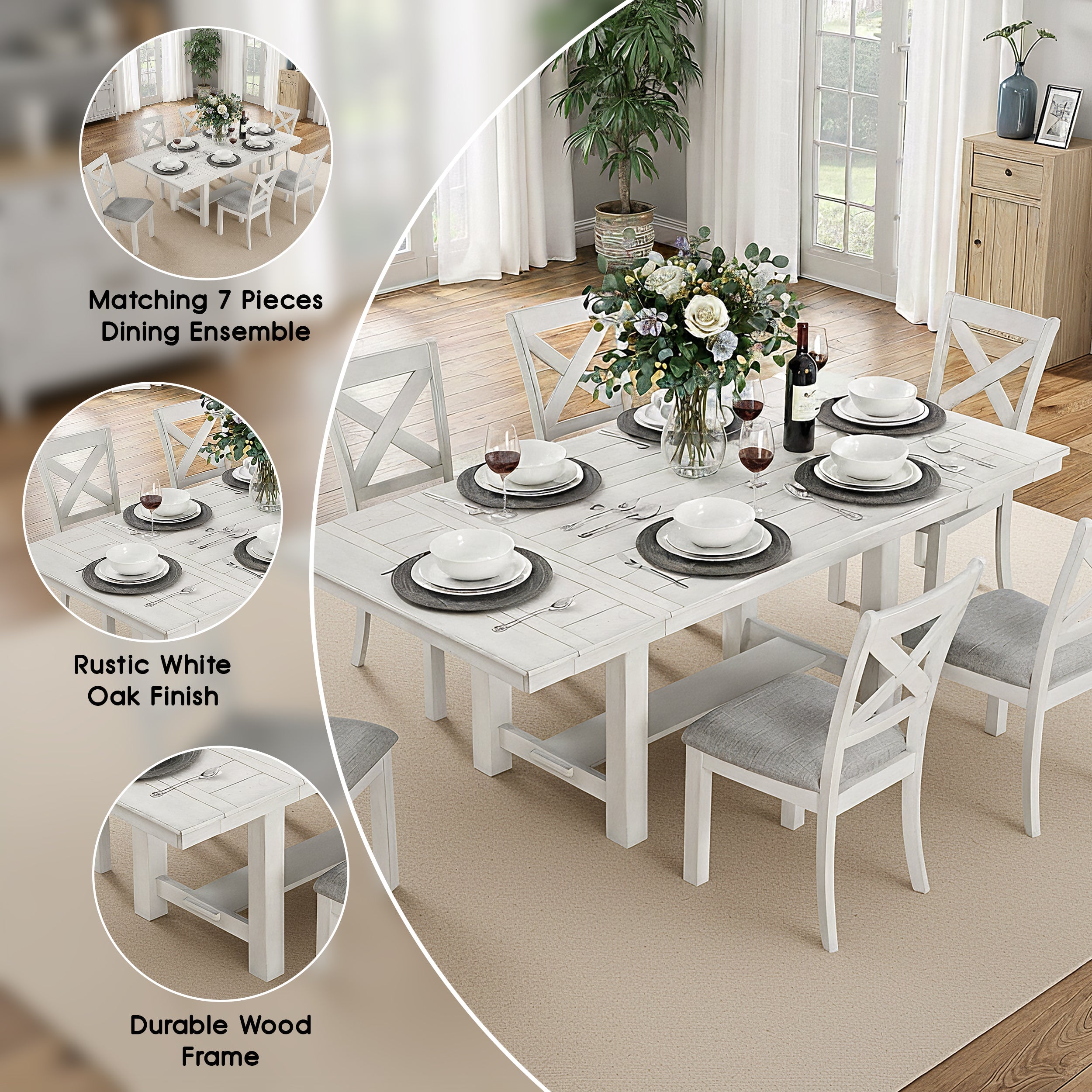 Bellferri Rustic Farmhouse Dining Set, 7 Pieces