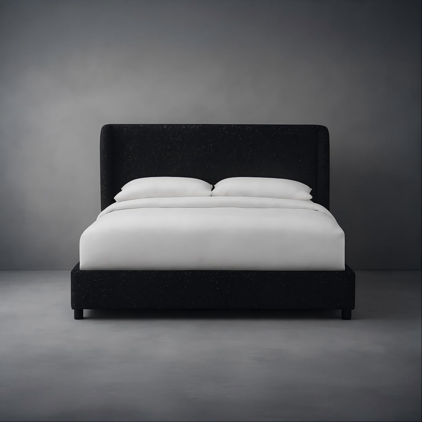 Contemporary Boucle Bed - Padded Vertical Channel Headboard, Round Wood Legs, Mattress Ready