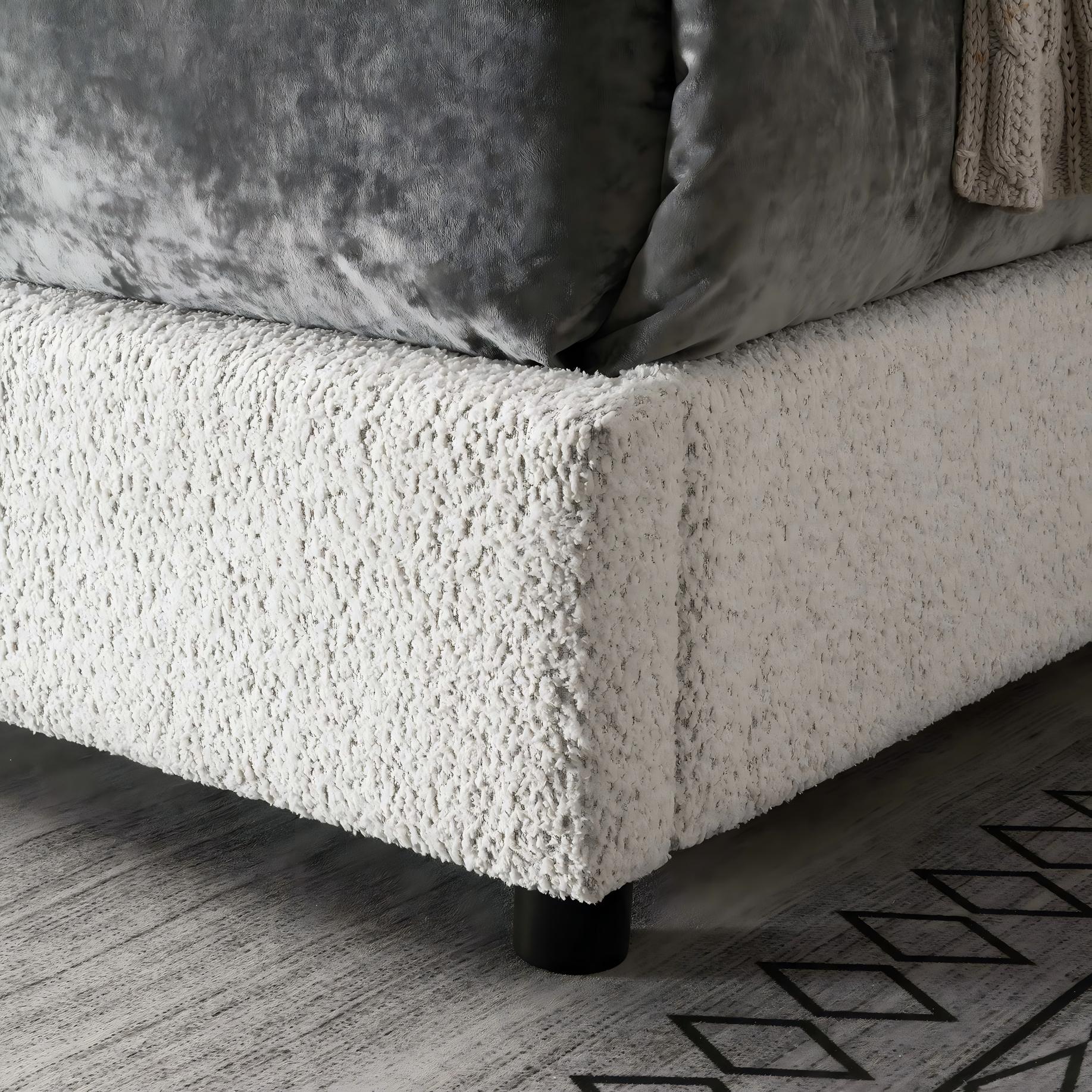 Contemporary Boucle Bed - Padded Vertical Channel Headboard, Round Wood Legs, Mattress Ready