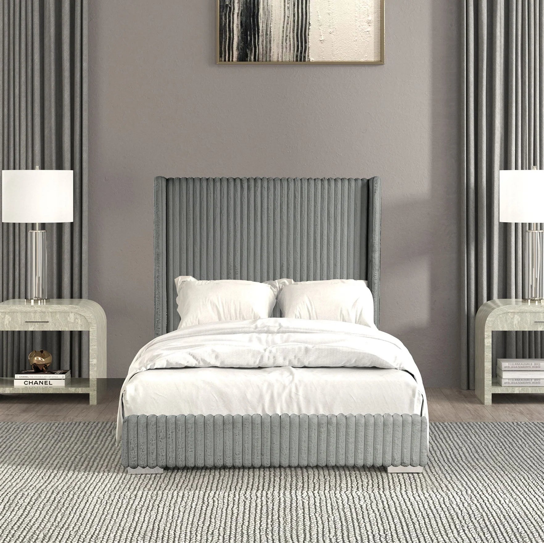 Santorini Modern Contemporary Fur Chenille Fabric Minimalist Platform Bed