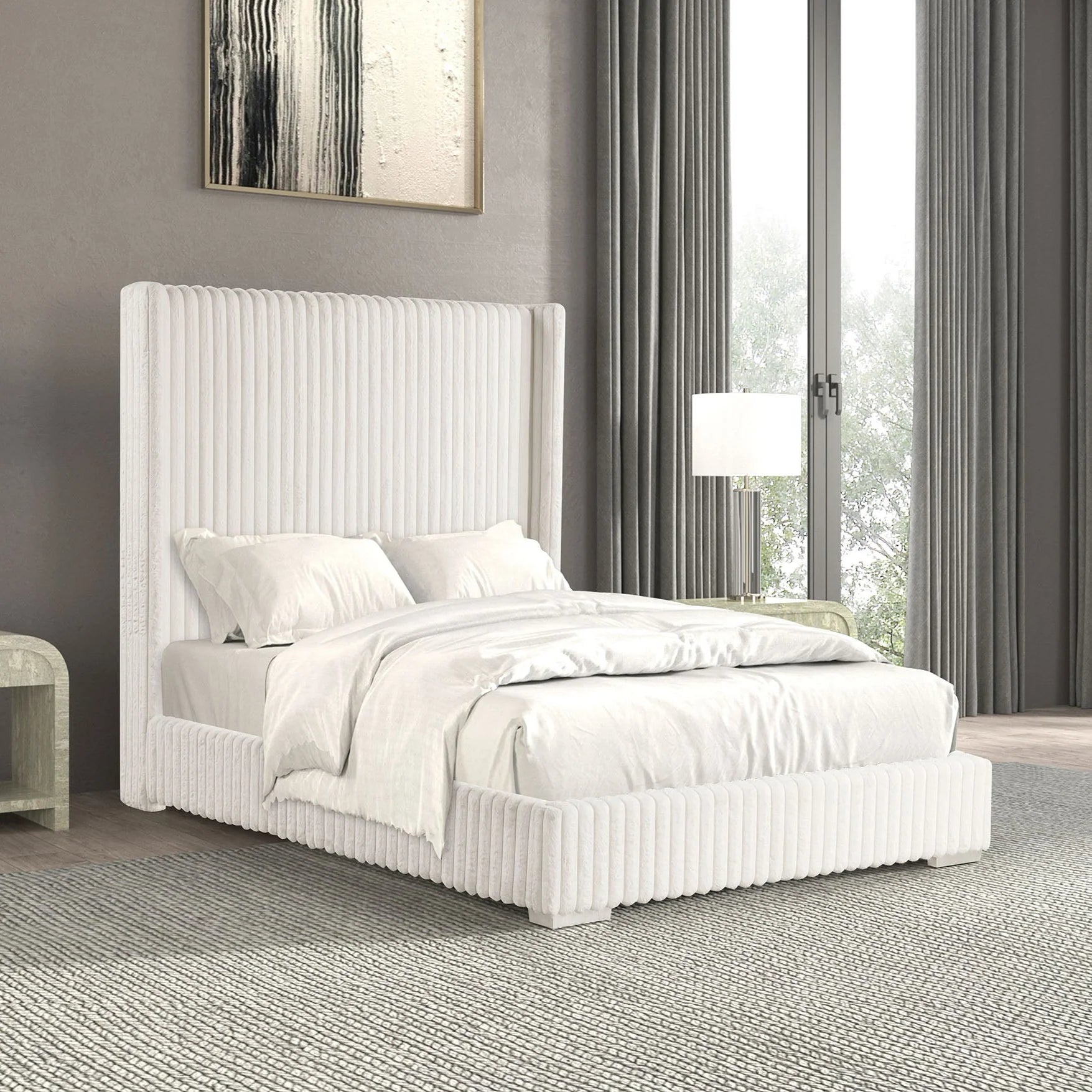 Santorini Modern Contemporary Fur Chenille Fabric Minimalist Platform Bed
