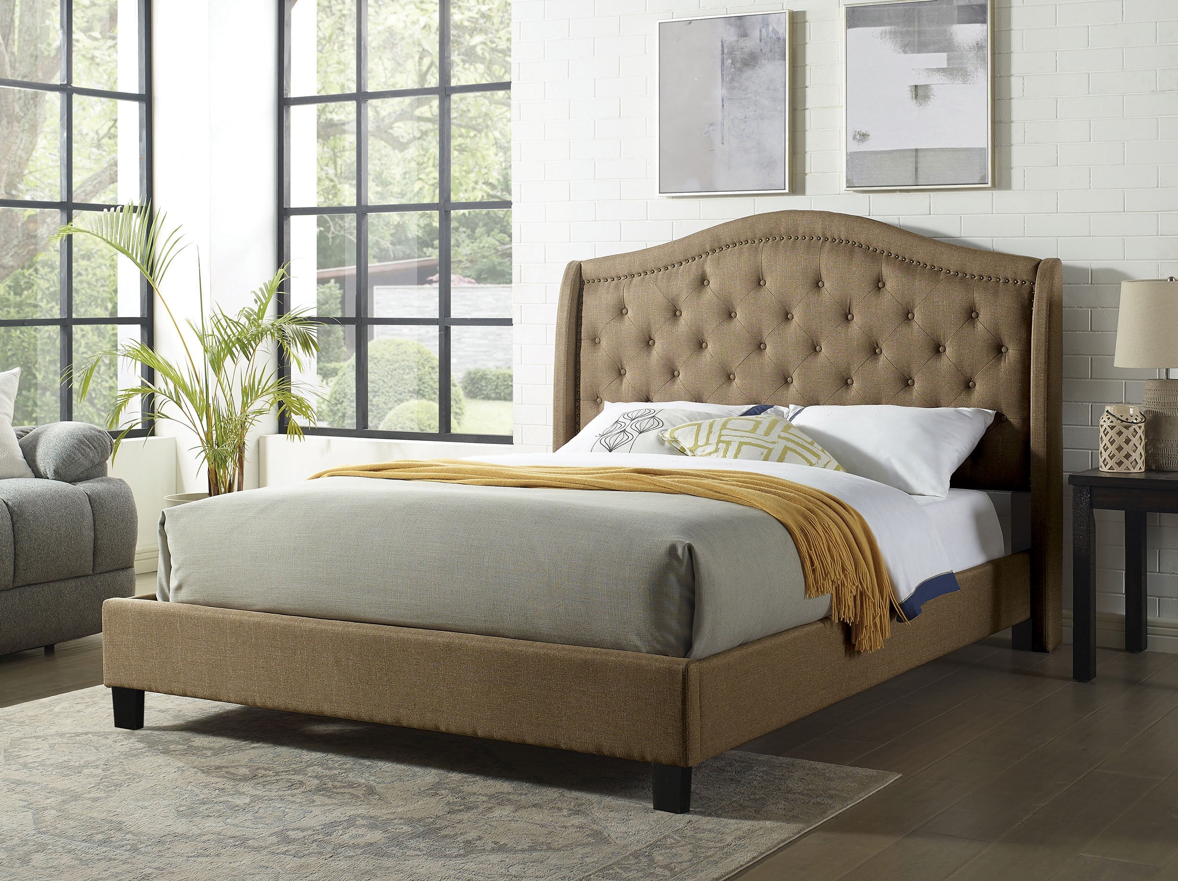 Carly Elegant Tufted Upholstered Camelback Platform Bed Frame