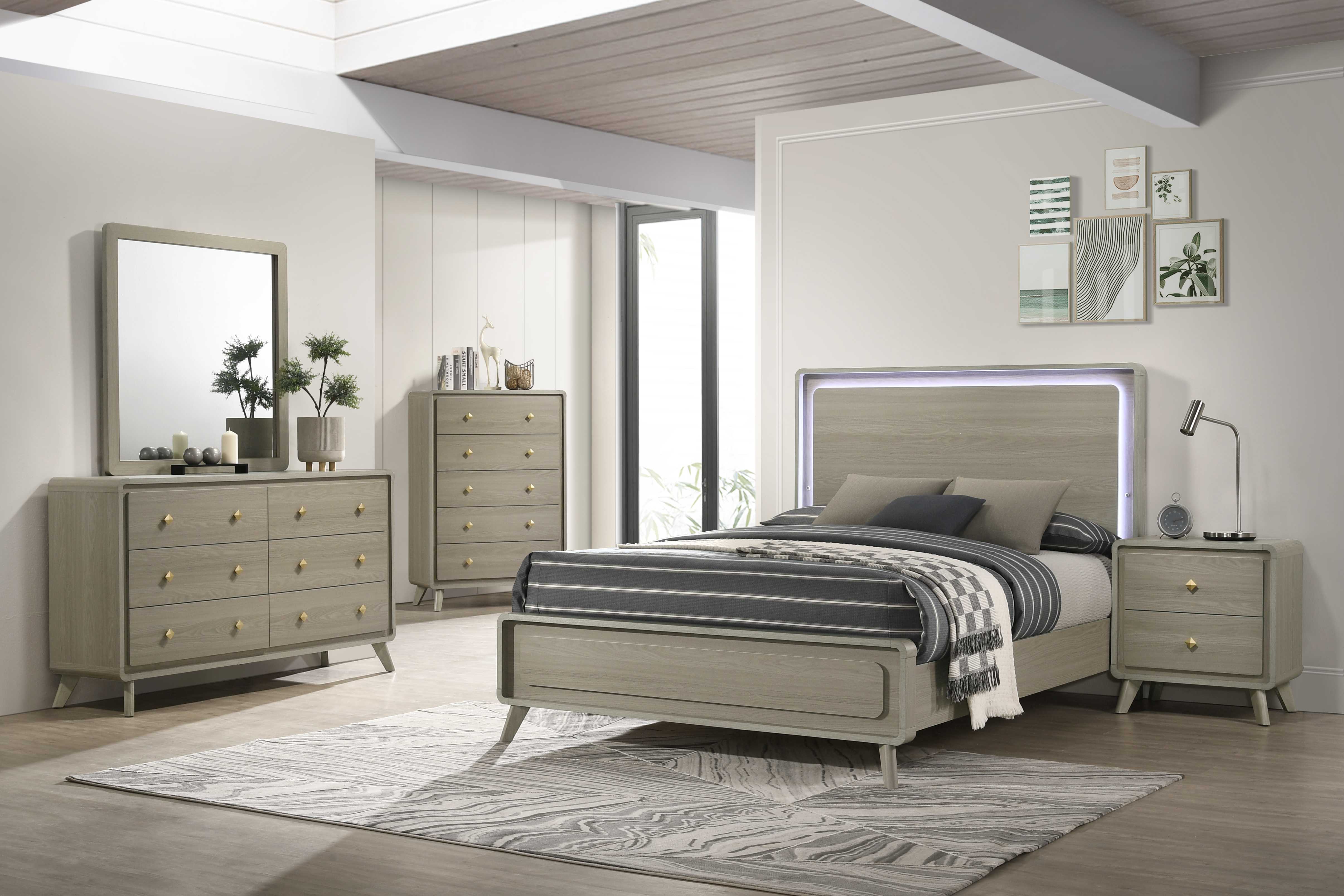 Contemporary Gray Bed with LED Wood Panel Headboard