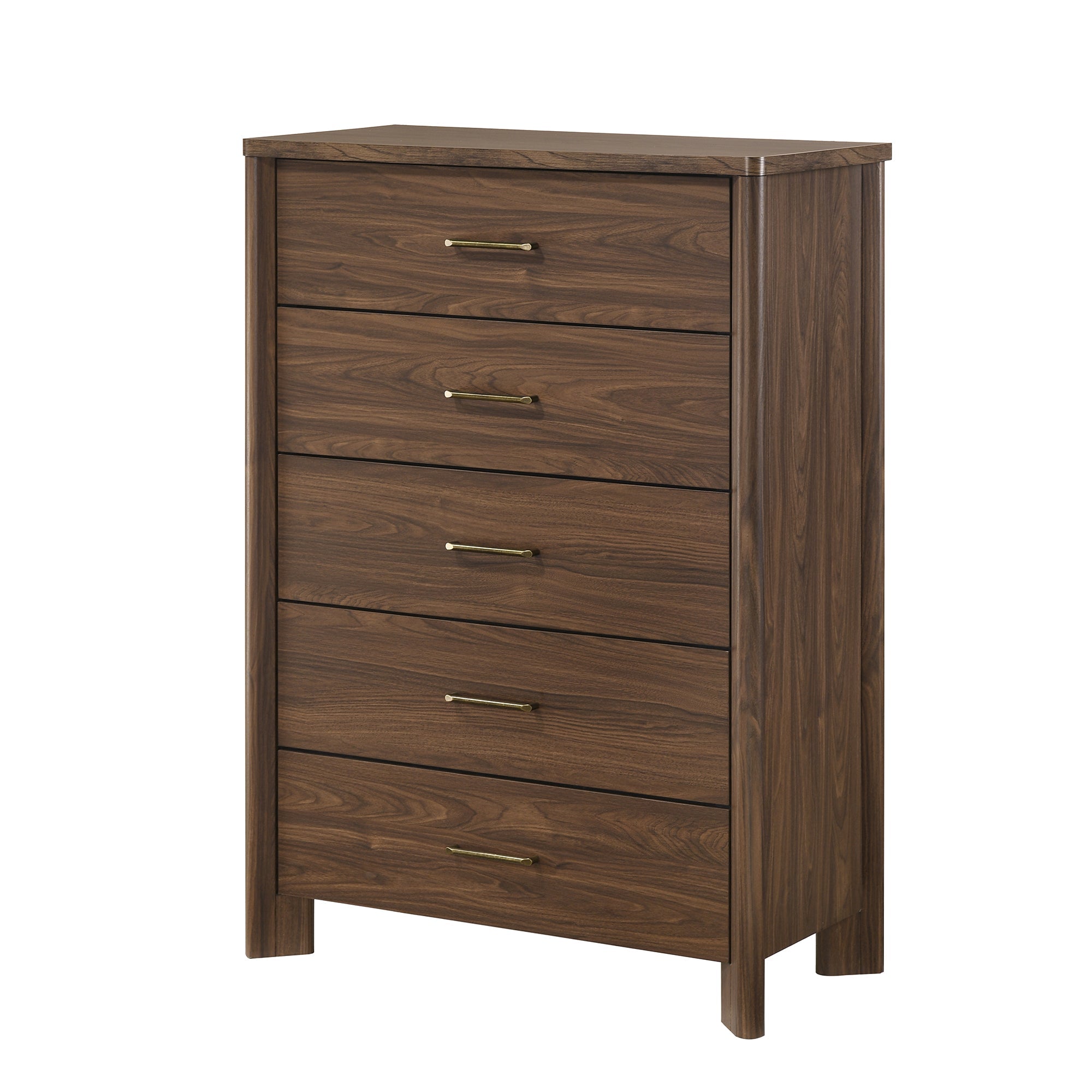 Mid-Century Modern Walnut 5-Drawer Chest with Felt-Lined Top Drawer & Gold Hardware